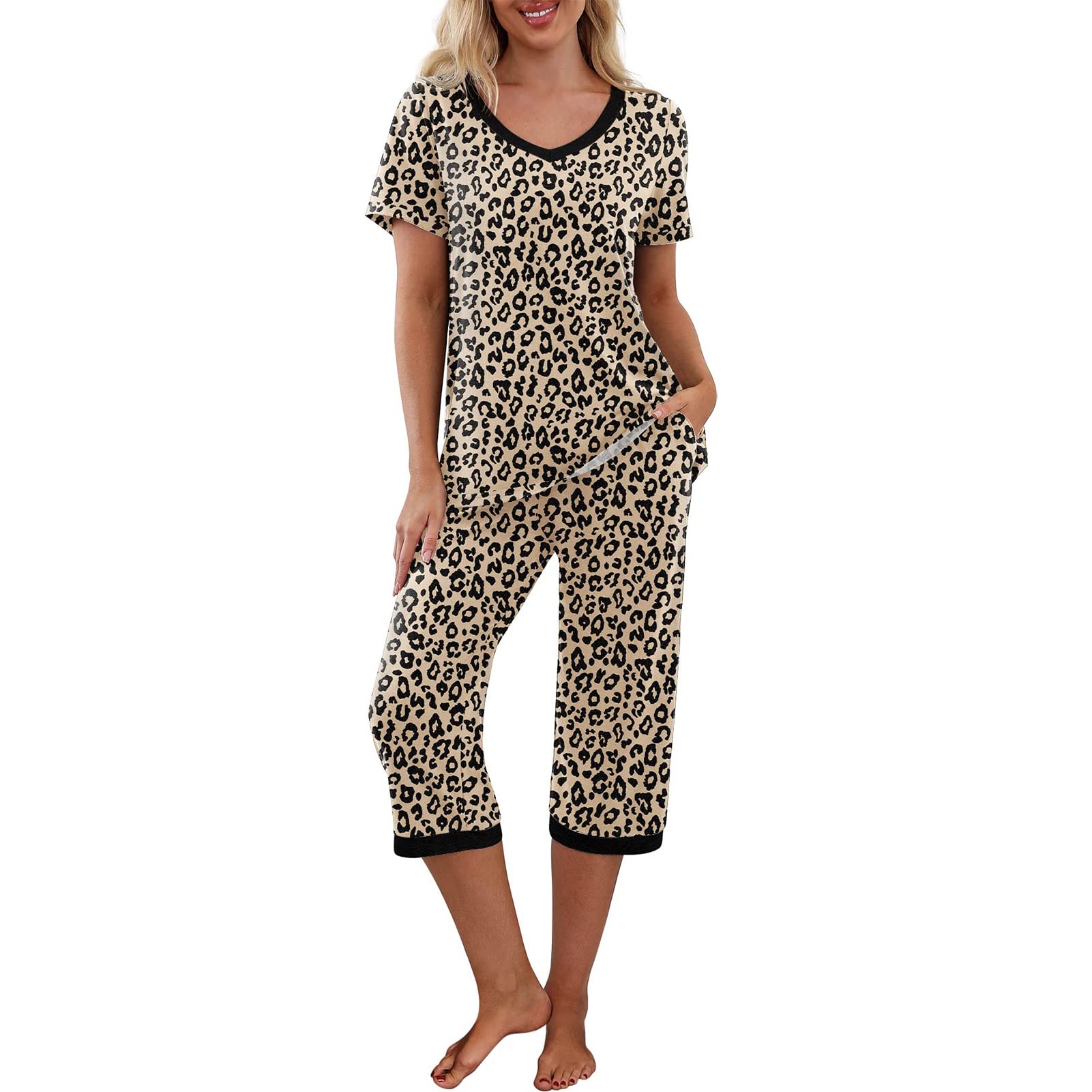 Women's Short Sleeve Pajama Set - Soft Cotton Sleepwear Top & Pants Lounge Outfit | Cozy 2-Piece Nightwear PJ Set for Women | Perfect for Relaxing at Home, Lounging & Sleeping Comfortably