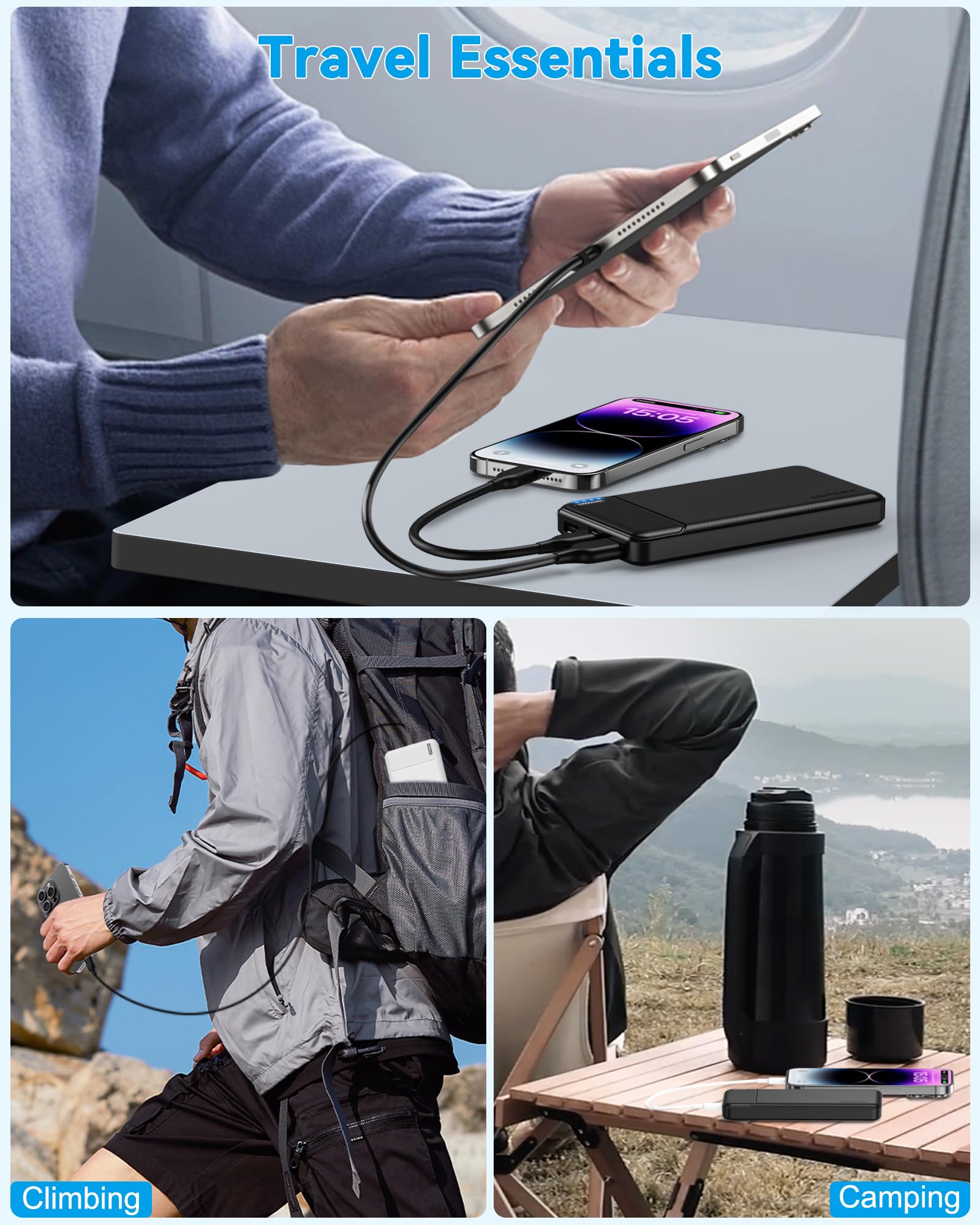 AsperX 10000mAh Portable Charger with USB-C Output | 3-Port Fast Charging Power Bank for iPhone 15/14/13/12/11, Samsung, Google Pixel, LG | External Battery Pack for Travel, Camping & Emergency Power Backup