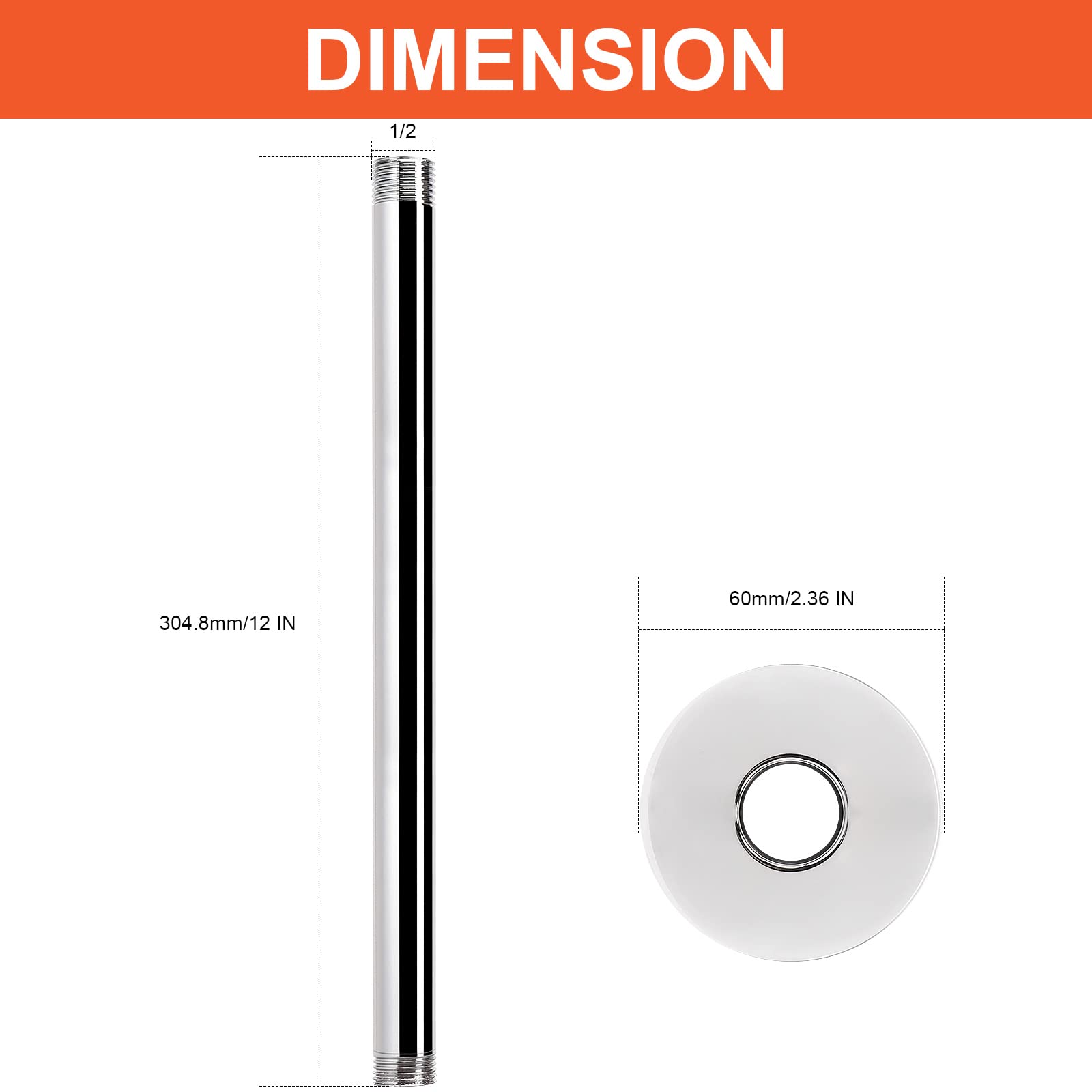 HarJue 12 Inch Stainless Steel Ceiling Mount Shower Arm Extension - Chrome Rain Shower Head Adapter with Flange & Teflon Tape | Perfect for Bathroom Renovation & Modern Fixed Shower Installation