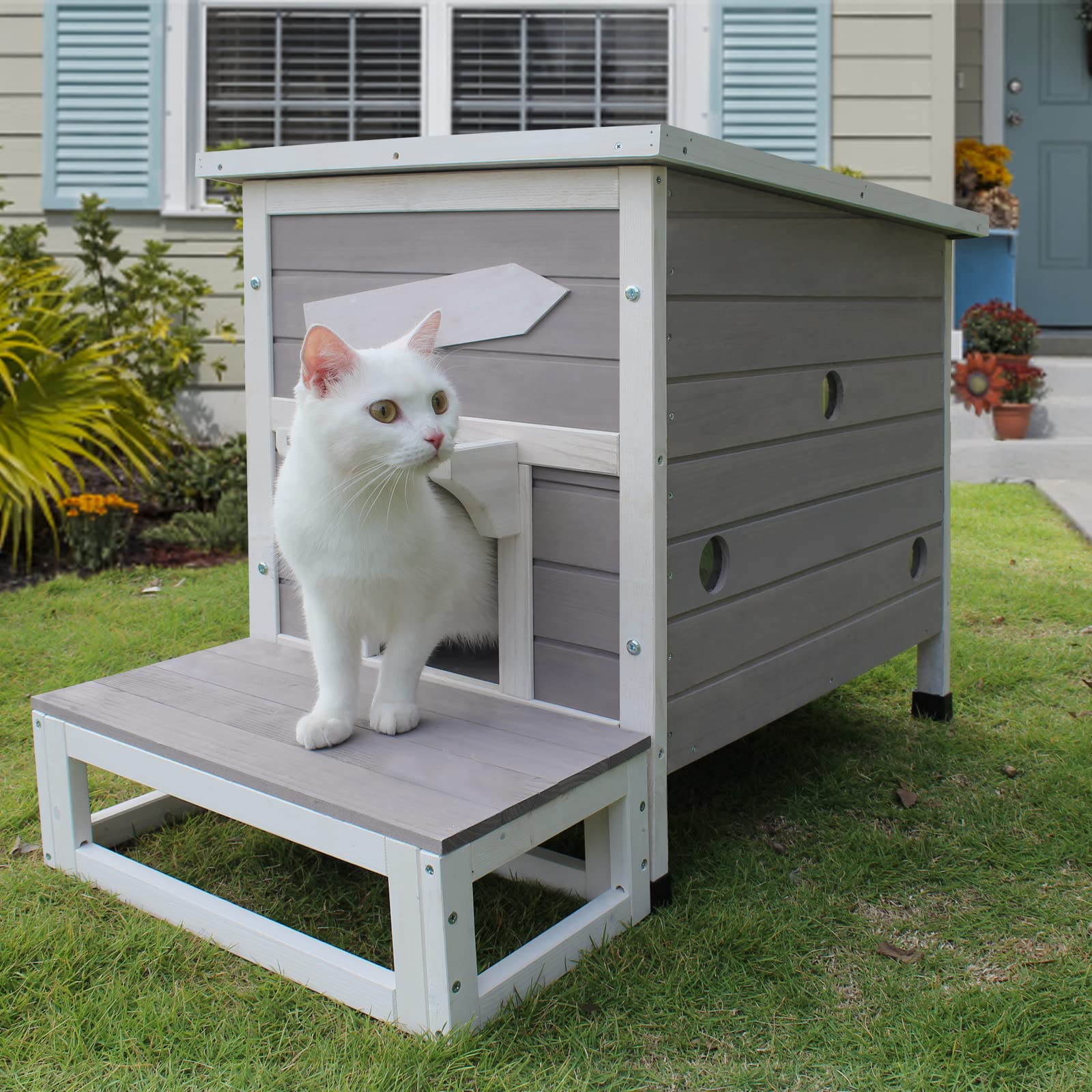 Rockever Large Weatherproof Outdoor Cat House - Wooden Shelter for Feral Cats with Escape Door - Perfect for Backyard, Garden & Winter Protection