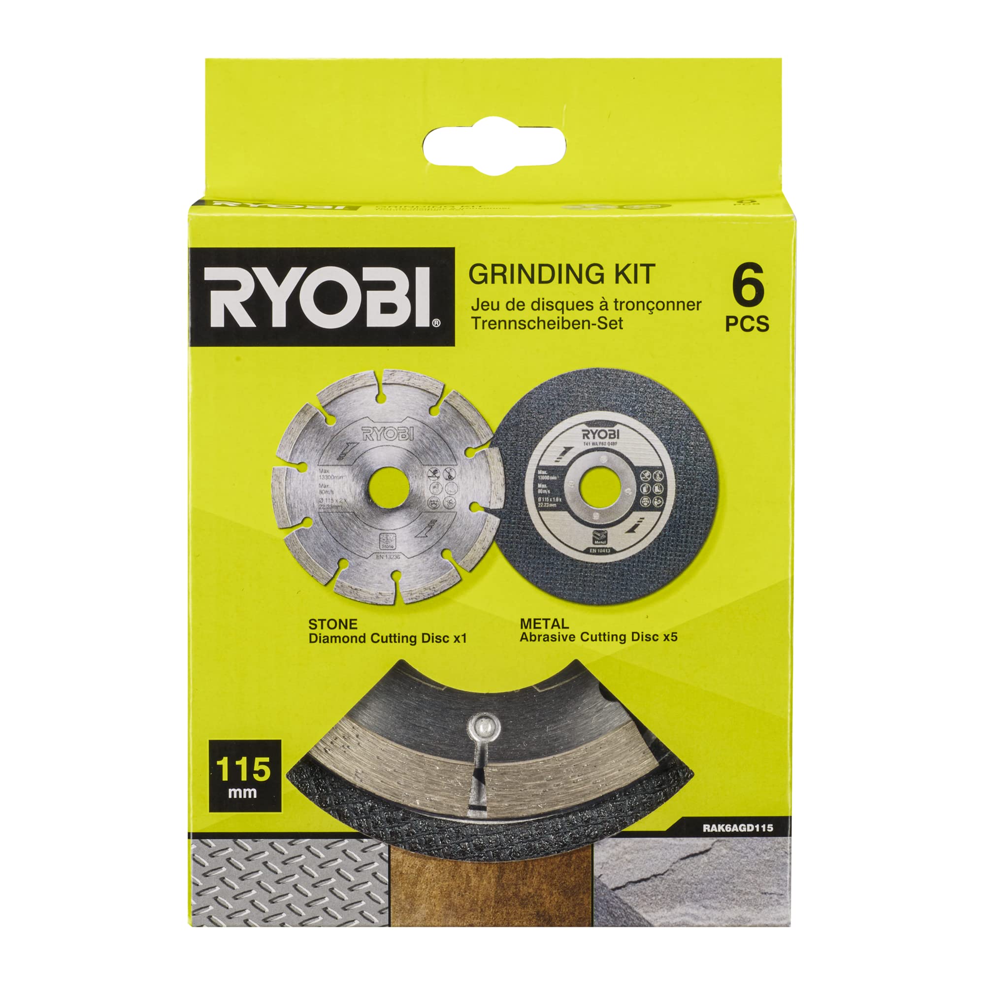Ryobi RAK6AGD115 6-Piece 115mm/4.5-Inch Angle Grinder Accessory Kit - Cutting Discs, Grinding Wheels & More for Metal, Wood & Concrete Projects | DIY & Professional Use