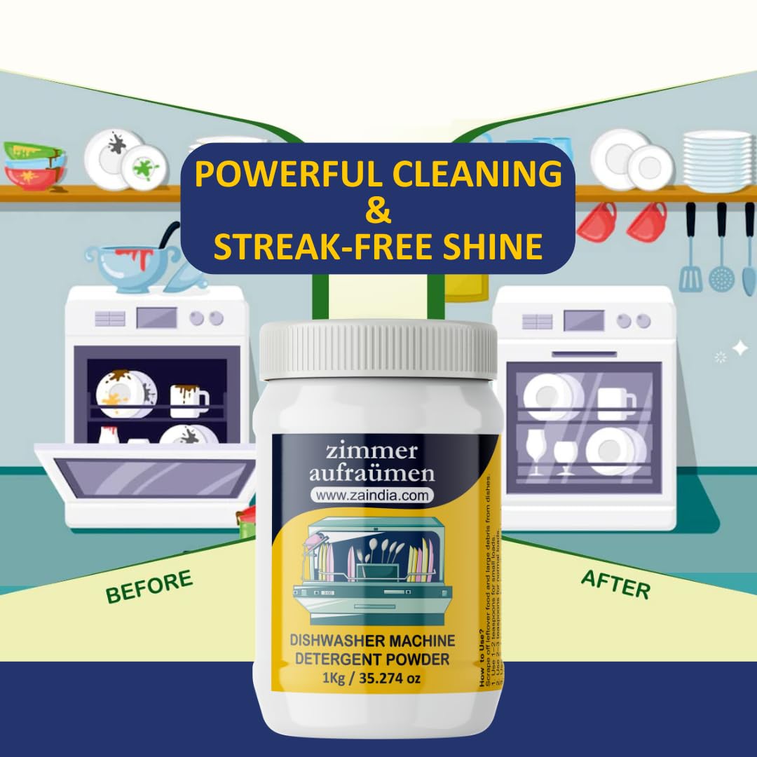 Zimmer Aufraumen Dishwasher Detergent Powder - 1 Kg | Universal Formula for All Dishwasher Brands | Deep Cleaning & Stain Removal for Sparkling Dishes
