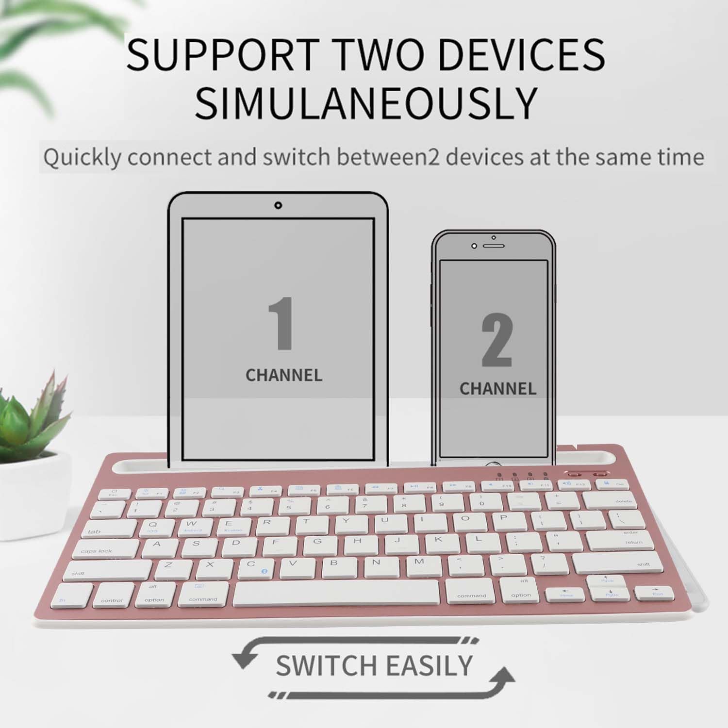 Multi-Device Bluetooth Keyboard - Wireless Rechargeable Keyboard for iPad, Tablet, Smartphone, MacBook (Android/iOS/Windows Compatible) with Stand Holder - Rose Pink | Perfect for Home Office, Travel & Remote Work