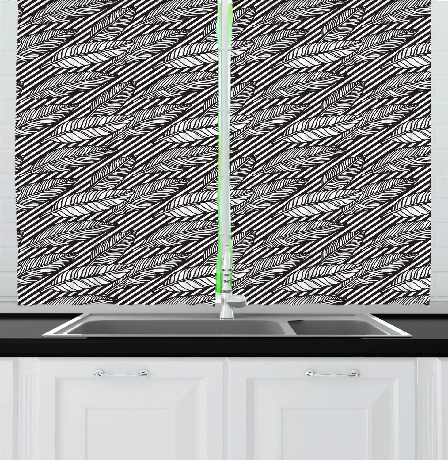 Lunarable Abstract Monochrome Banana Leaf Kitchen Curtains - Modern Black and White Striped Window Drapes, 2 Panel Set (55