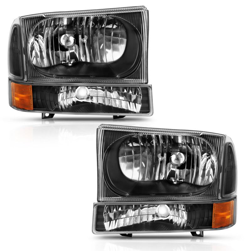 FORD EXCURSION 2000-2004 & SUPER DUTY 1999-2004 Crystal Black Headlights with Corner Lights (Bulbs Not Included) - Upgrade Your Truck's Style & Night Visibility for Off-Roading or Daily Driving