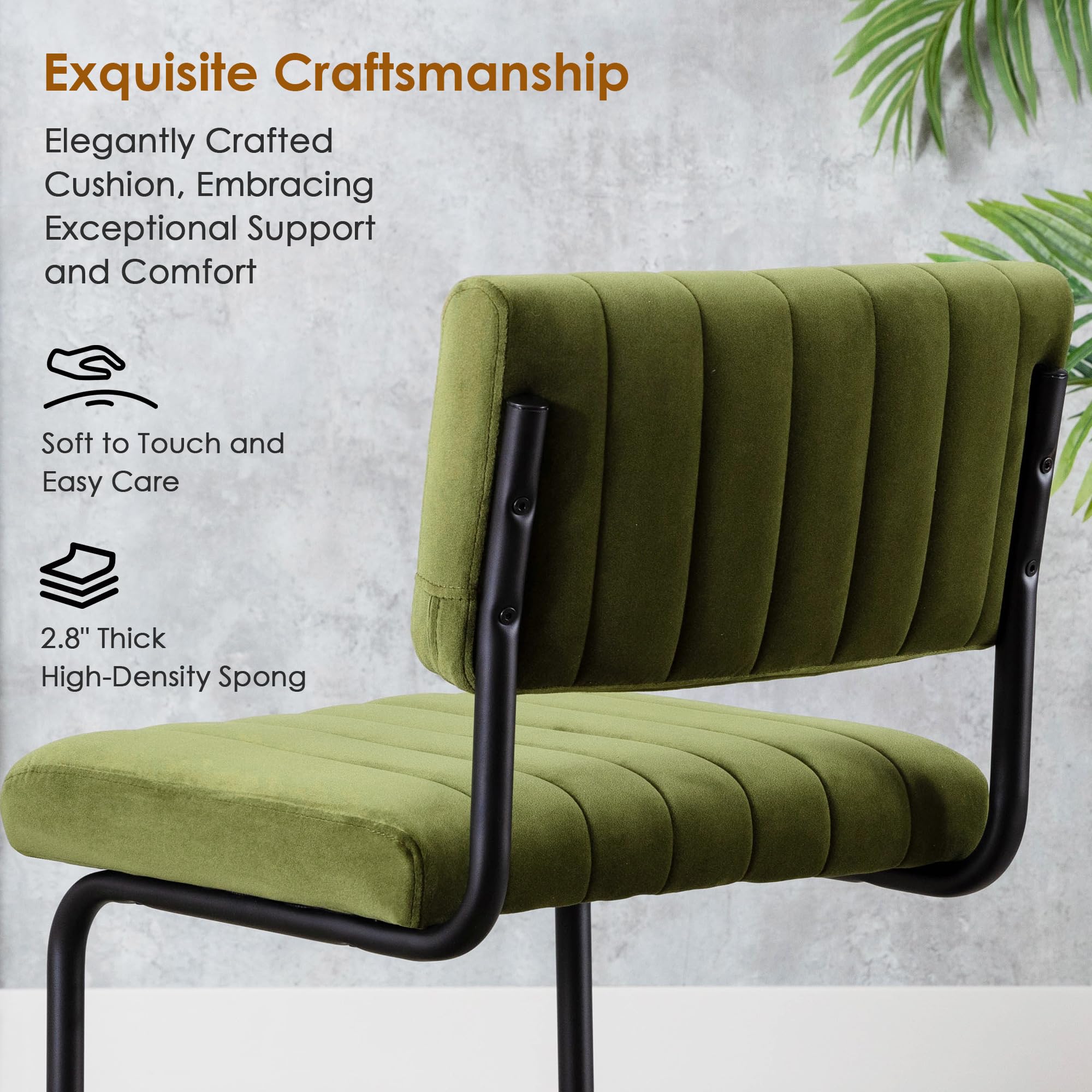 ONEVOG Mid Century Modern Dining Chairs Set of 2 - Green Velvet Upholstered Kitchen Chairs with Tufted Backs, Wide Seat & Metal Legs - Stylish Armless Cantilever Chairs for Dining Room, Kitchen, Living Room & Office