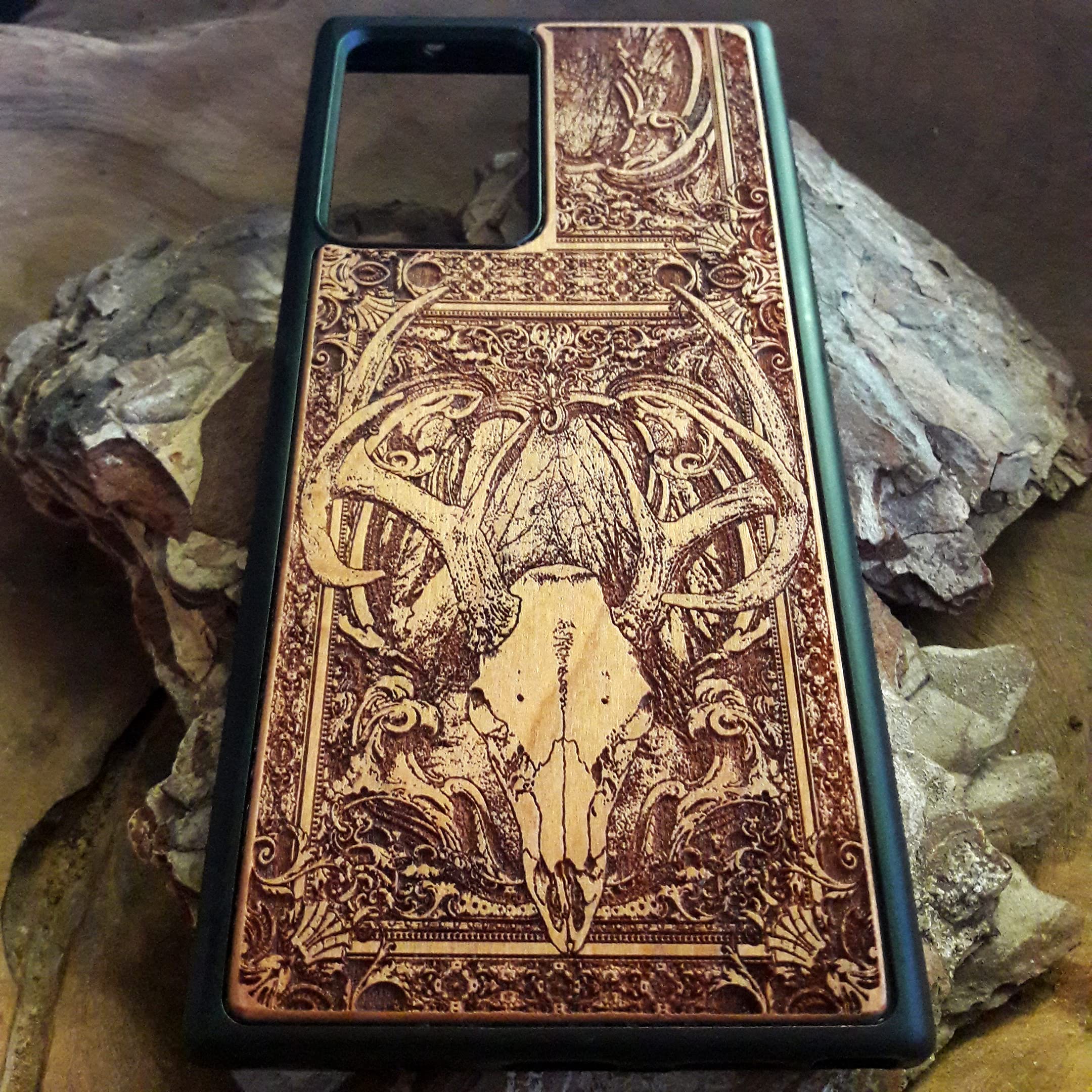 Laser Engraved Deer Skull Wooden Phone Case for iPhone 16/15/14/13/12/11 Pro Max/Mini & Galaxy S25/S24/S23/S22/S21/S20 Ultra Plus - Eco-Friendly Slim Durable Wood Cover - Perfect for Outdoor Adventures, Nature Lovers & Unique Gift Ideas