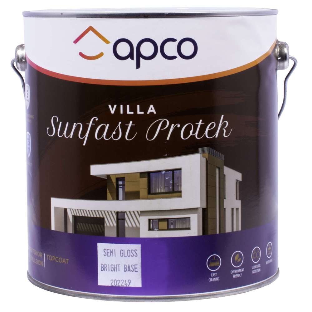 Apco Villa Sunfast Protek Top Coat Semi Gloss Acrylic Bright Base 4L - Premium Protective Paint for Interior & Exterior Surfaces - Perfect for Walls, Furniture, and DIY Home Projects
