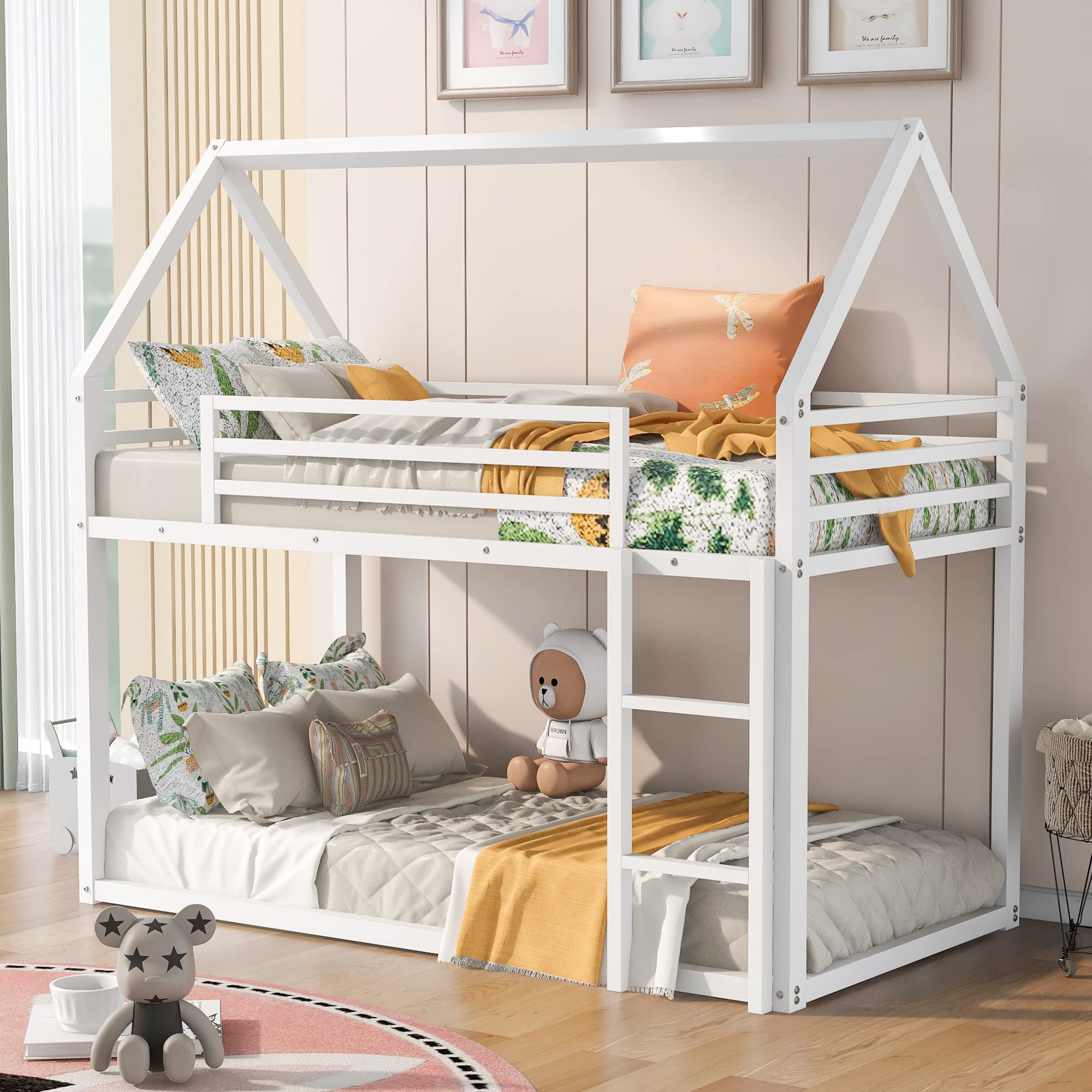 Twin Over Twin Bunk Bed with Roof - Sturdy Metal Frame House Bunk Bed for Kids & Teens - Low Profile Twin Bunk Beds with Built-in Ladder - No Box Spring Required - White - Perfect for Small Bedrooms, Guest Rooms & Vacation Homes