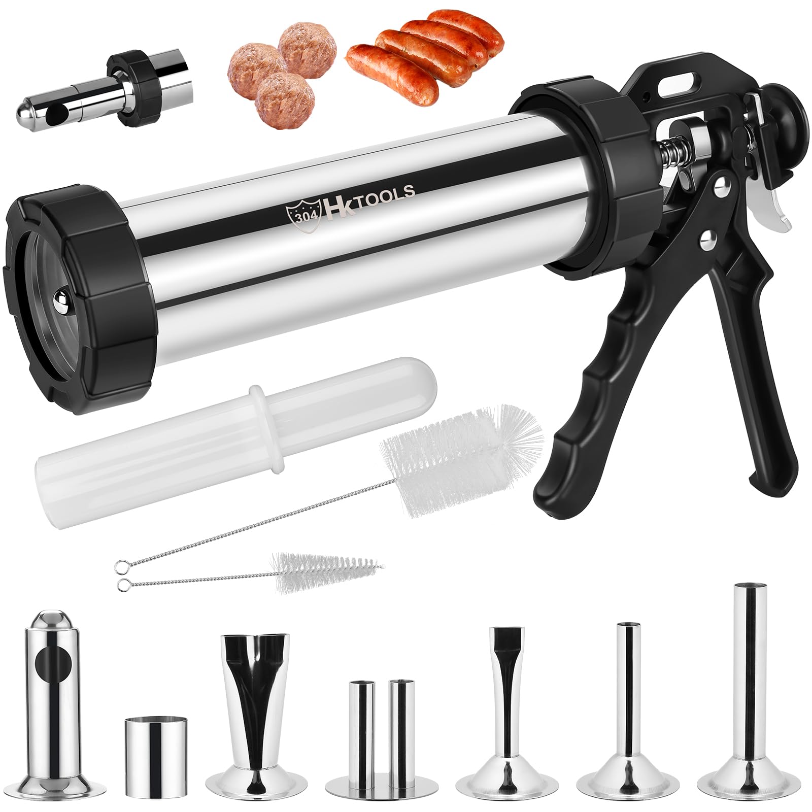 Premium Jerky Gun Kit - 2.5 LB Stainless Steel Sausage Stuffer with 6 Nozzles | Meatball & Jerky Maker Gun | Includes 2 Cleaning Brushes & Stomper | Perfect for Homemade Snacks, Camping & Meal Prep