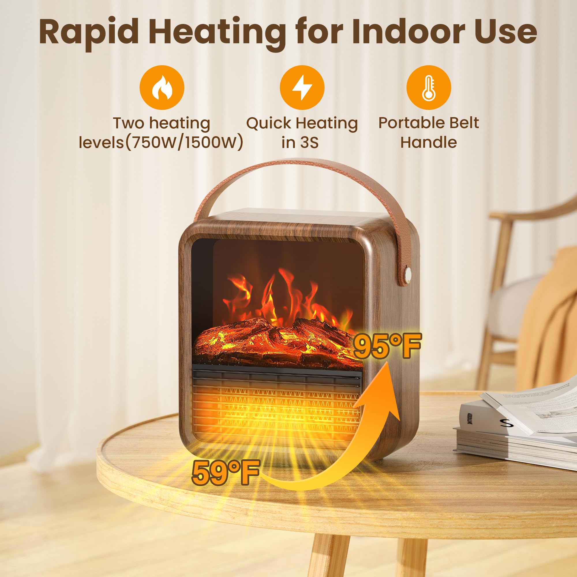 Portable Space Heater with 3D Flame Effect - 1500W/750W PTC Ceramic Heater, Thermostat & Tip-Over Protection - Mini Electric Fireplace for Bedroom, Office & Indoor Use - Walnut Finish