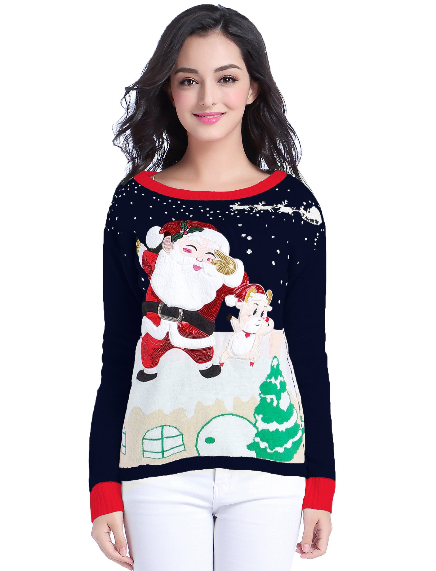 V28 Women's Ugly Christmas Sweater - Festive Reindeer Knit Pullover for Holiday Parties & Family Gatherings