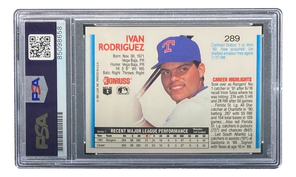 Ivan Rodriguez Autographed 1991 Leaf #289 Texas Rangers Rookie Baseball Card - PSA/DNA Certified - Perfect for Sports Memorabilia Collectors and Rangers Fans