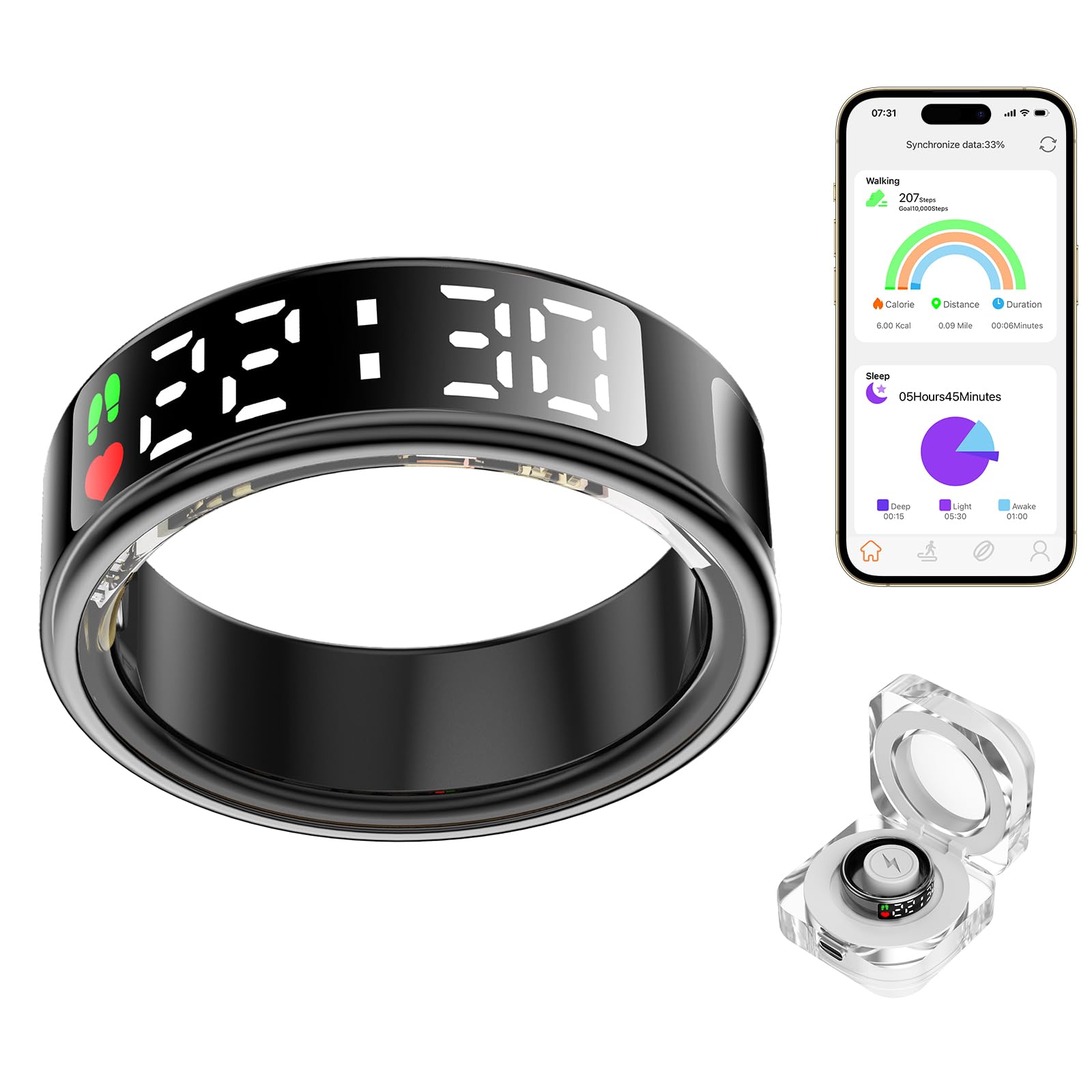 Smart Ring Health Tracker with LED Display - IP68 Waterproof Fitness Ring | Bluetooth Activity Tracker for Heart Rate, Blood Oxygen, Sleep & Step Monitoring | Compatible with iOS & Android | Perfect for Workouts, Sleep Analysis & Daily Health Tracking