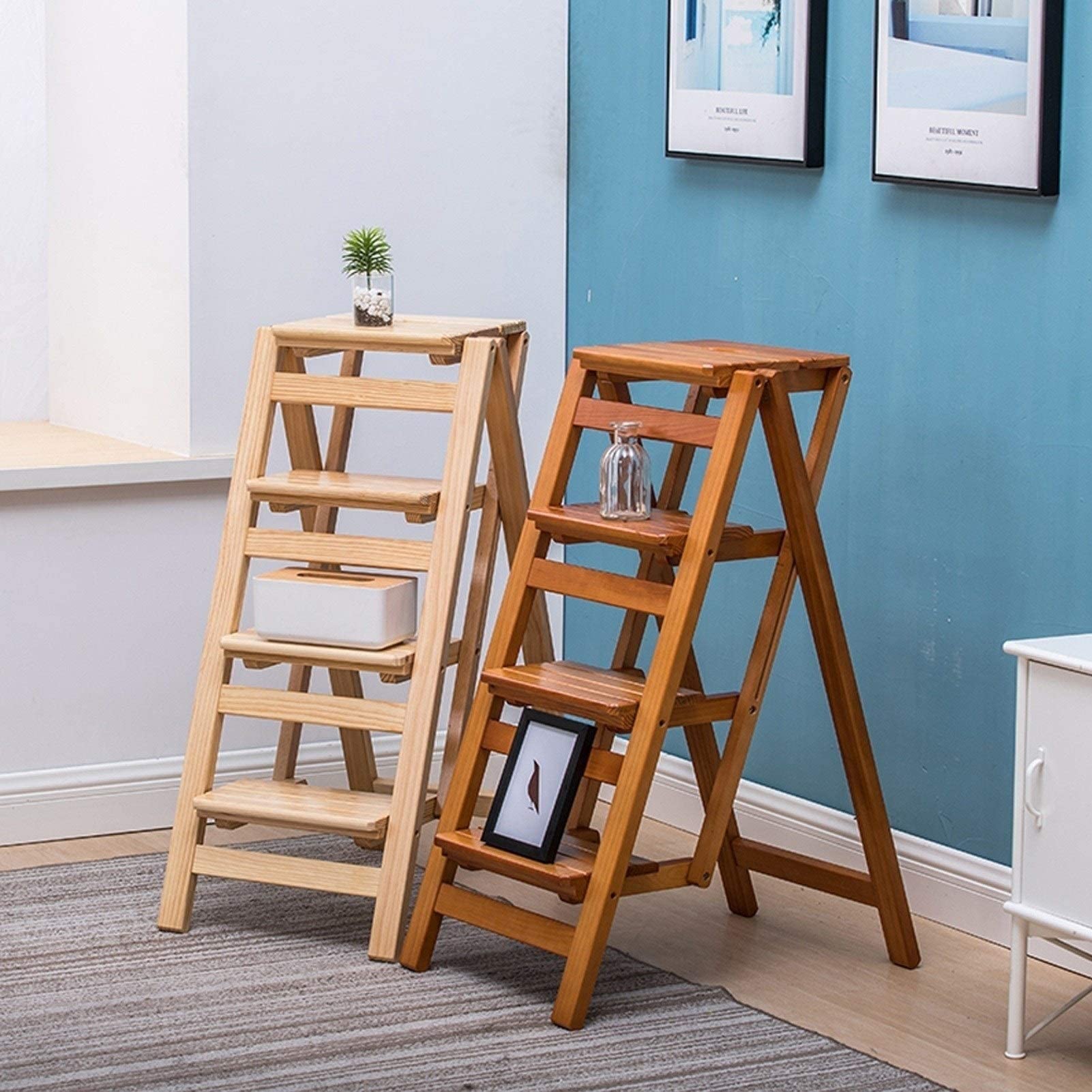 4-Step Folding Wooden Step Stool - Portable Non-Slip Ladder for Kitchen, Library & Home Use - 2 Person Weight Capacity - Space Saving Design