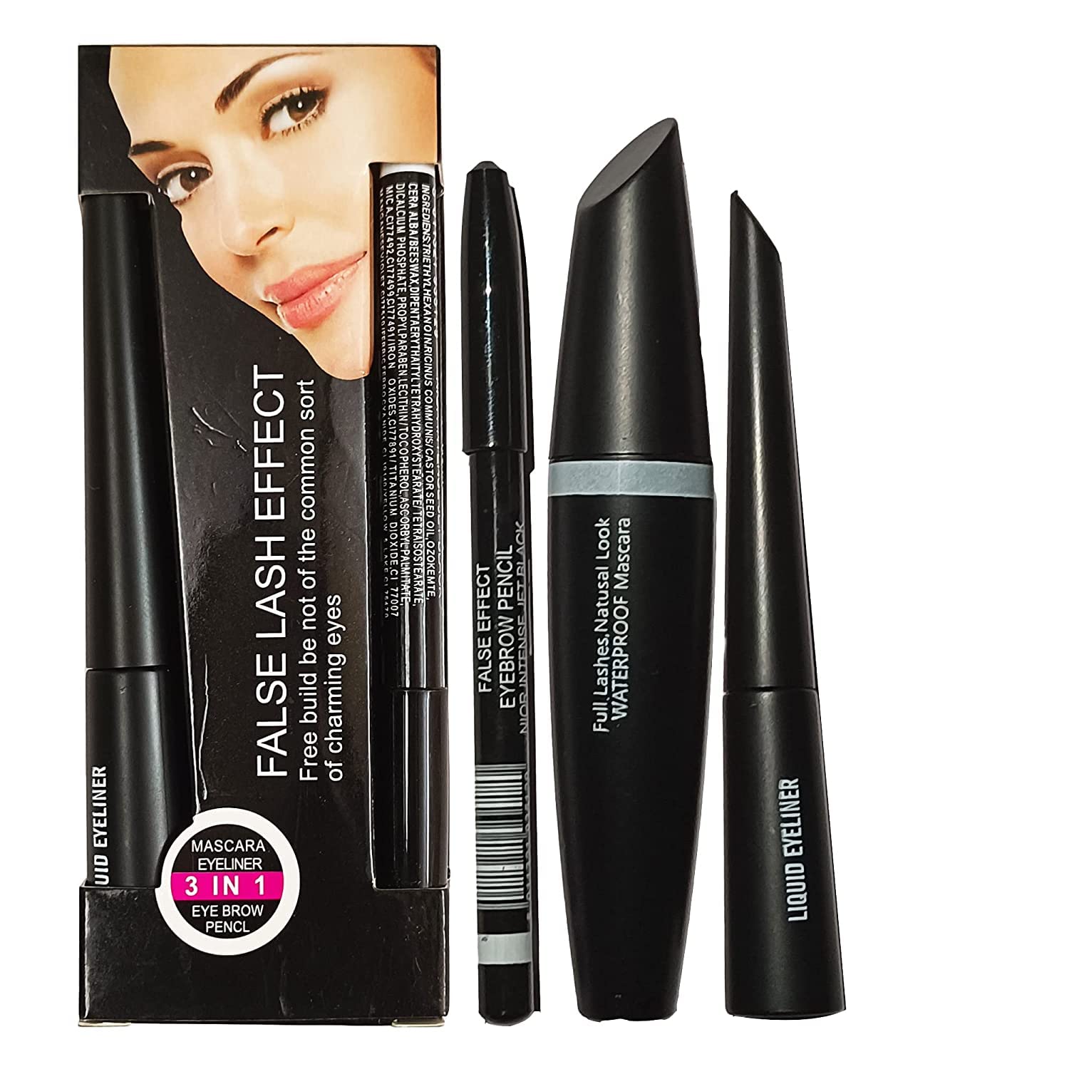 Groovs Waterproof Professional 3-in-1 Makeup Kit - Long Lasting Mascara, Liquid Eyeliner & Eyebrow Pencil (Black) | Smudge-proof & Water-resistant for All-Day Wear | Perfect for Daily Use, Parties & Special Occasions