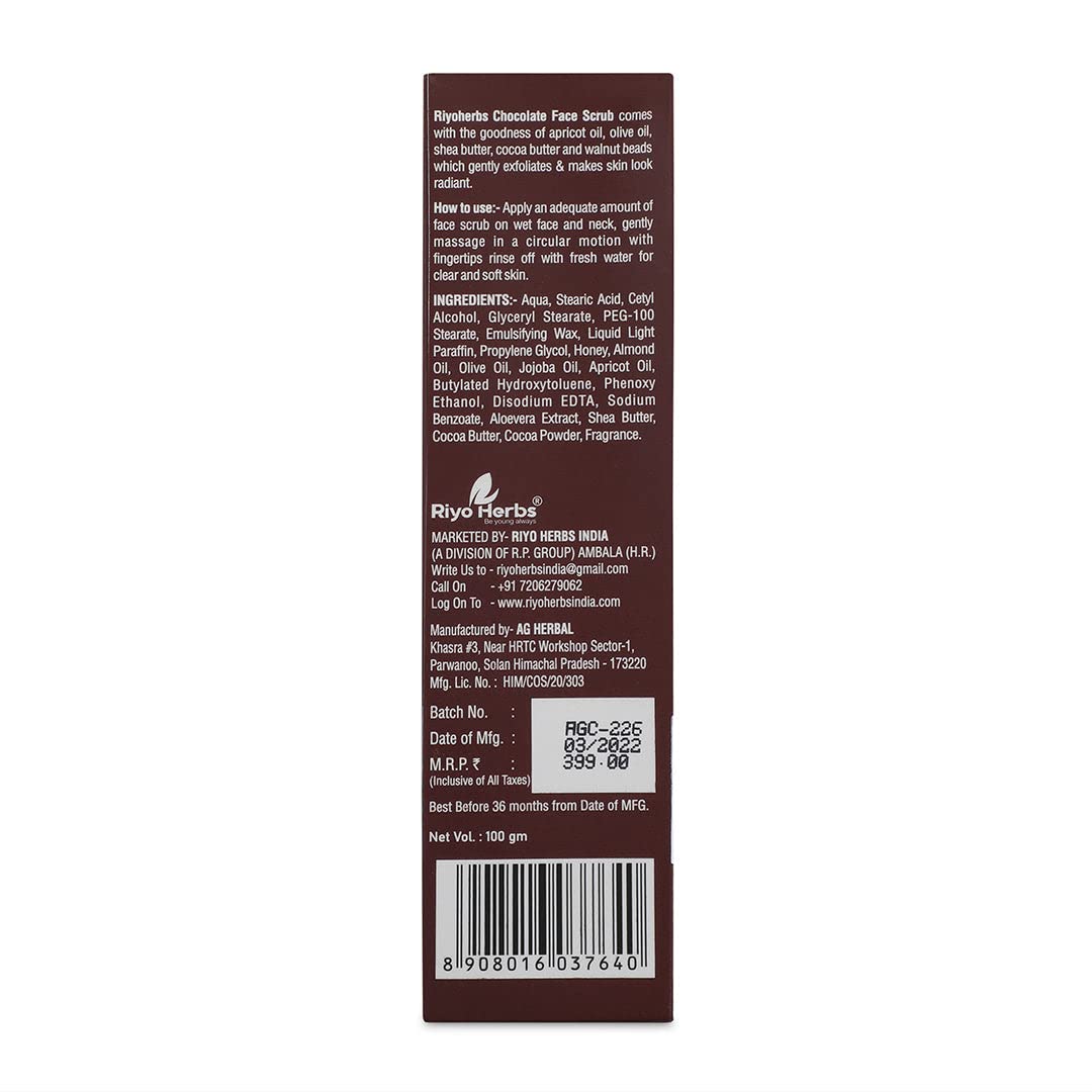 Riyo Herbs Chocolate Face Scrub with Cocoa Butter - Dark Spot Treatment, Blemish Remover, Puffiness & Inflammation Reducer, Pore Cleanser & Exfoliator for Dead Skin Cells - 100g | Perfect for Daily Skincare Routine & Spa Day at Home