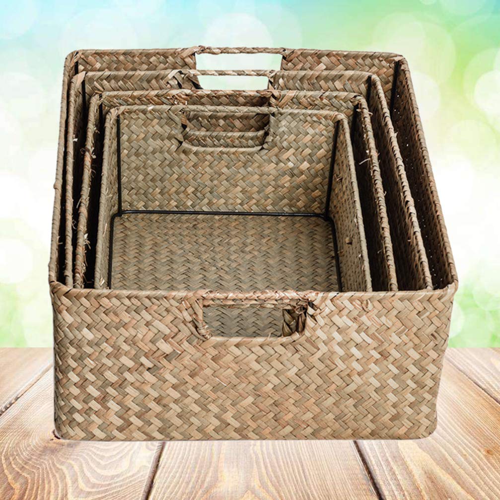 4-Piece Rectangular Wicker Storage Baskets with Handles - Seaweed Makeup Organizer Set for Cosmetics, Toys & Sundries | Perfect for Bedroom, Bathroom, Wardrobe & Home Organization