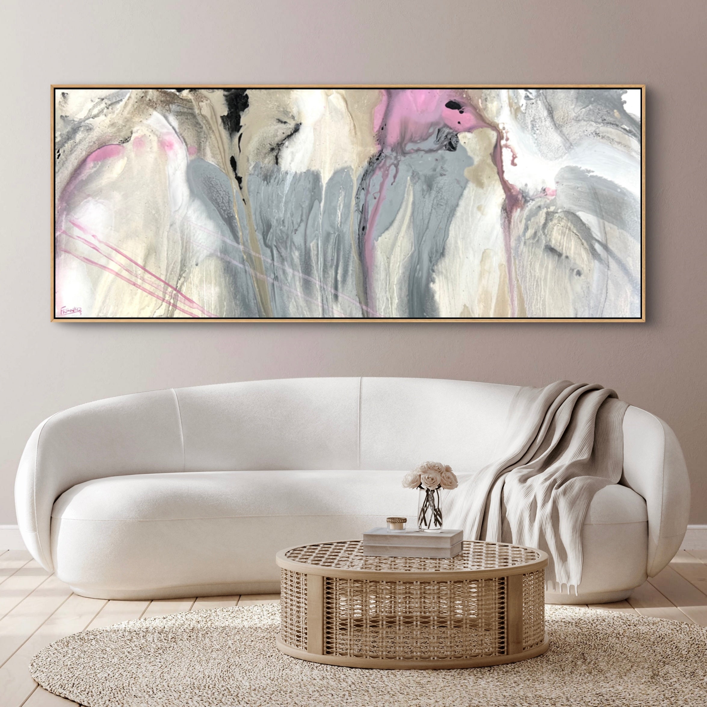 Refined 881 Abstract Painting - 200cm x 80cm Grey Pink White Malt Blended Canvas Art for Modern Living Room & Office Wall Decor