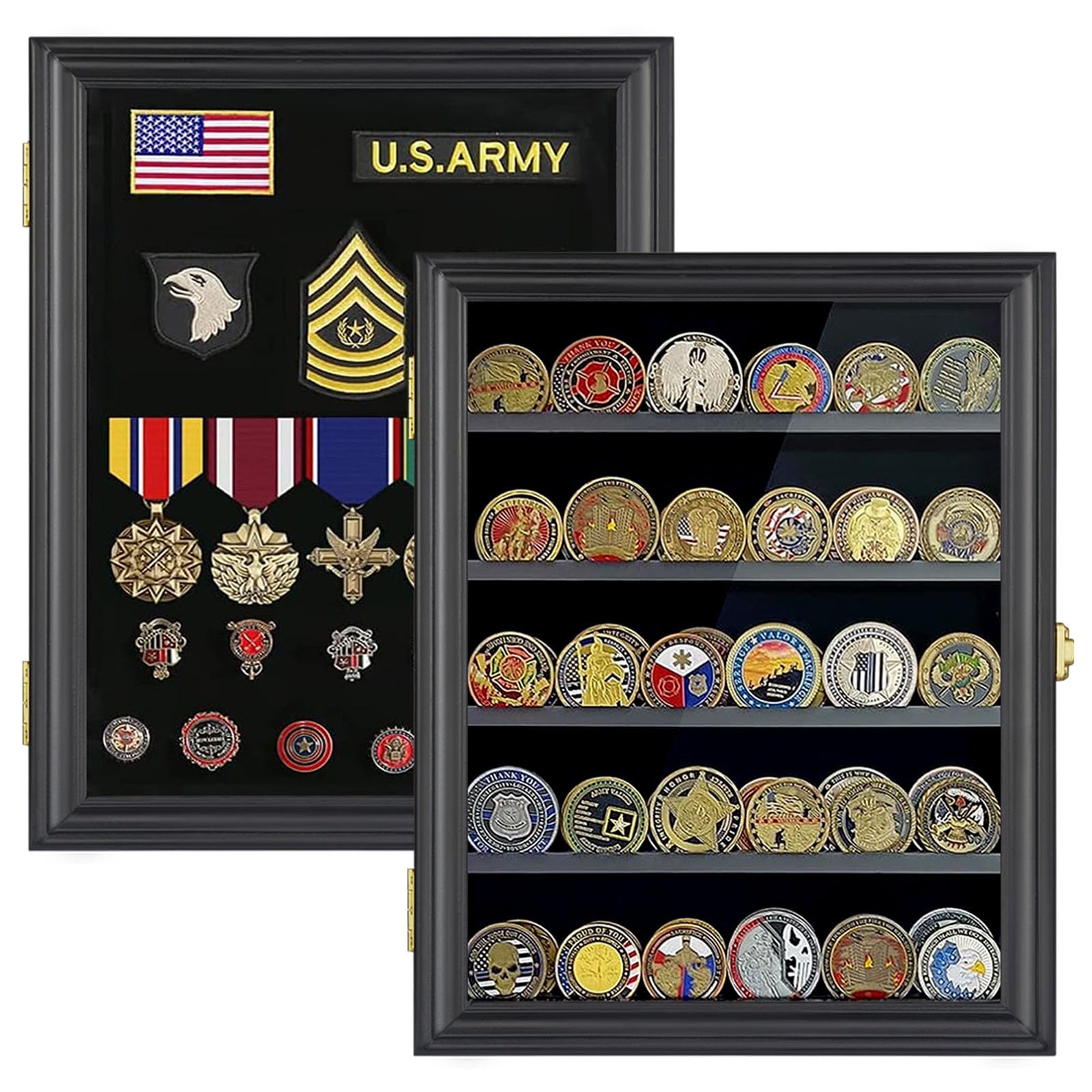LIUYALO Lockable Shadow Box Display Case - Wall Mounted Medal & Military Challenge Coin Holder with Removable Shelves | Perfect for Collectors, Military Pins, Awards & Memorabilia Organization | Home, Office or Military Barracks Decor