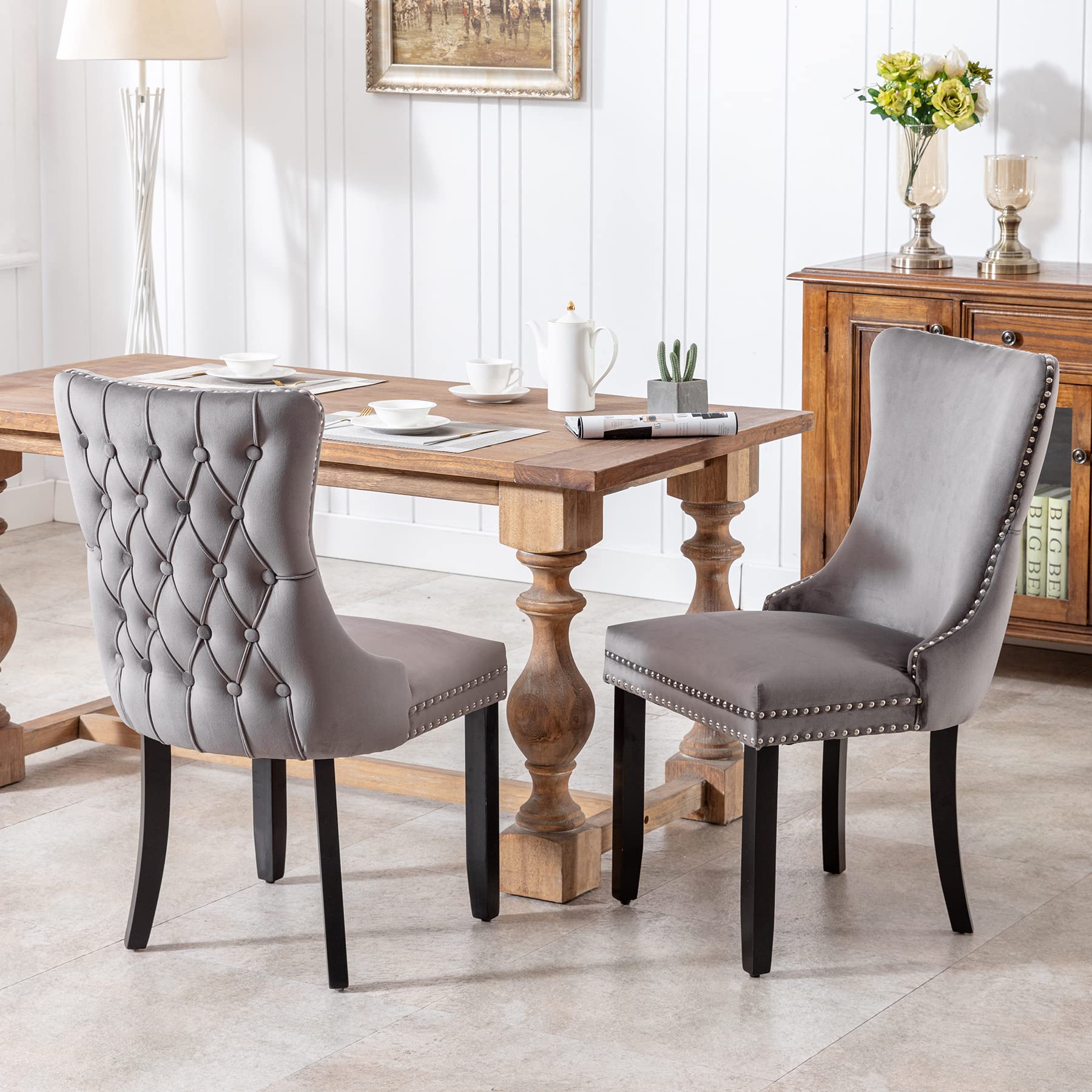 Luxury Velvet Upholstered Dining Chairs Set of 2 - Wingback Kitchen Accent Chairs with Solid Wood Legs, Nailhead Trim & Button Tufted Back - Elegant Grey Dining Room Chairs for Modern Home Decor & Entertaining Guests