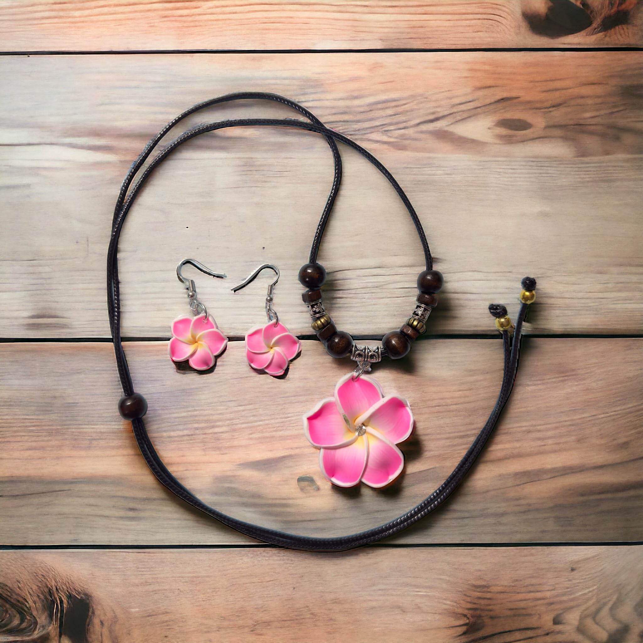 Hawaiian Plumeria Flower Jewelry Set - Pink Flower Necklace & Earrings for Women & Girls, Tropical Hawaiian Style Fashion Accessories | Perfect for Beach Vacations, Luau Parties & Summer Outfits