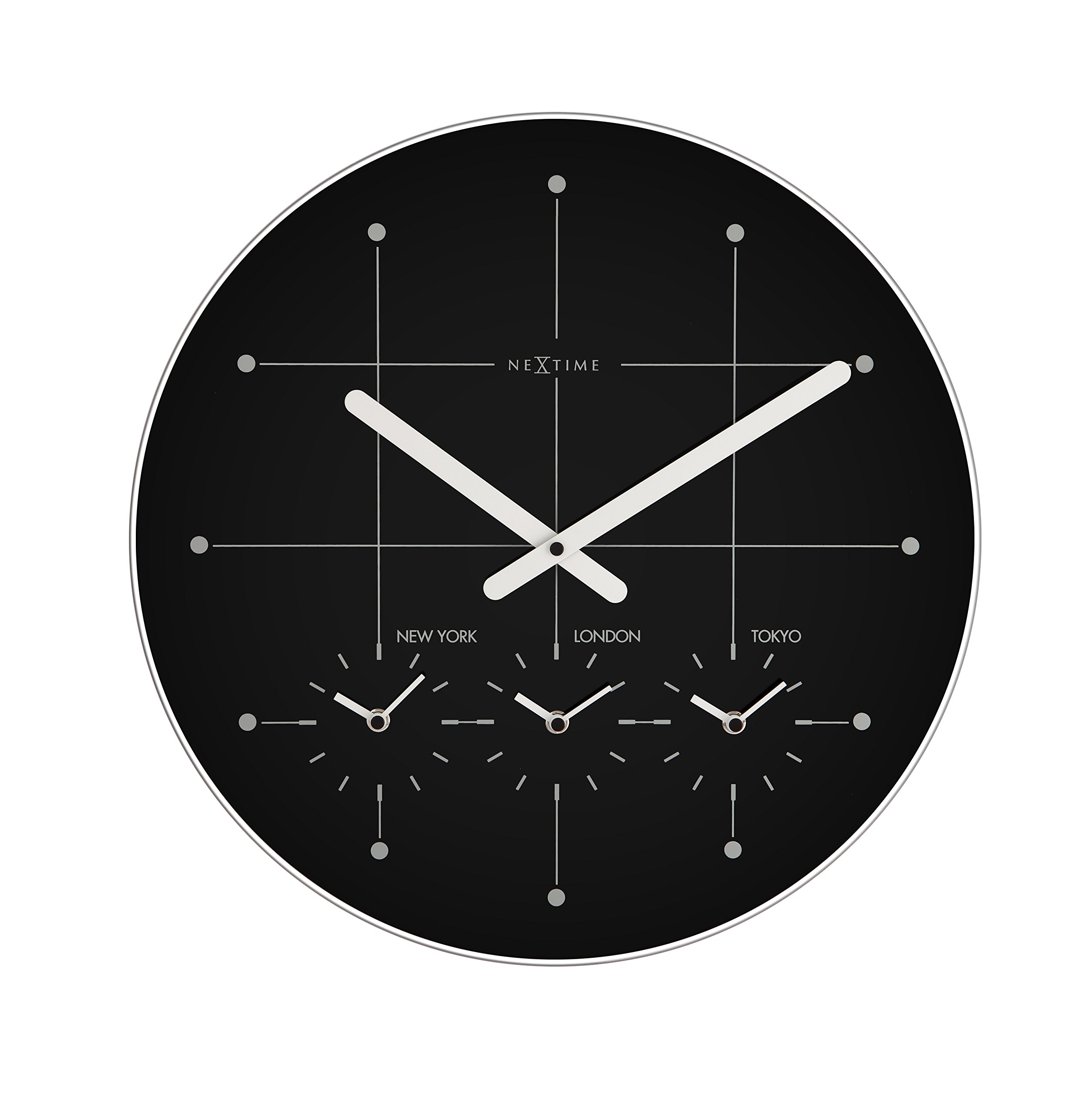 Unek Goods NeXtime 16.9 Inch Large Round Wall Clock - Black with White Hands, Glass Cover, 4 Time Zones Display, Battery Operated - Perfect for Office, Living Room, Bedroom & Home Decor