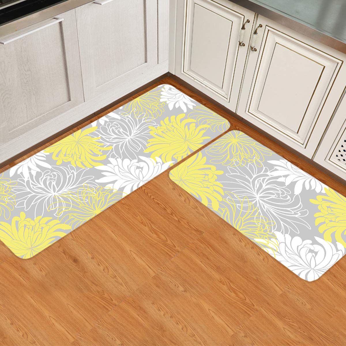**Non-Slip Waterproof Floral Kitchen Mats - 2-Piece Anti-Fatigue Cushioned Floor Mat Set for Standing Comfort (Chrysanthemum Flower Design, Yellow/Grey/White) - Perfect for Cooking, Baking & Dishwashing Areas**
