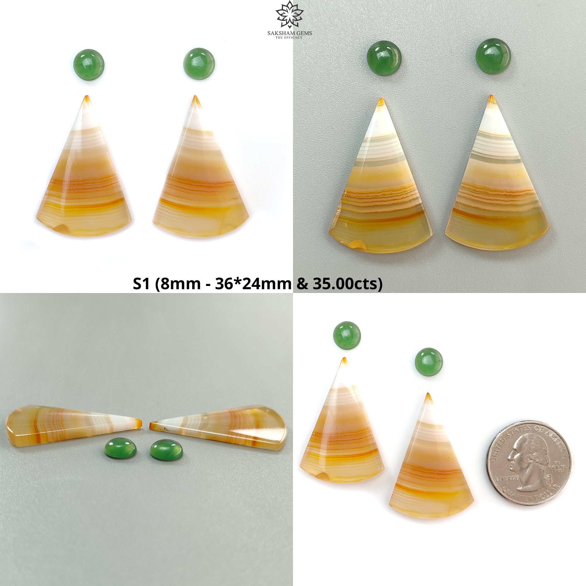 Natural Botswana Agate Gemstone with Serpentine & Gray Sapphire Cabochon - Untreated Bi-Color Agate Triangle and Pear 4pc Set for Jewelry Making, Wire Wrapping, and Healing Crystal Collections