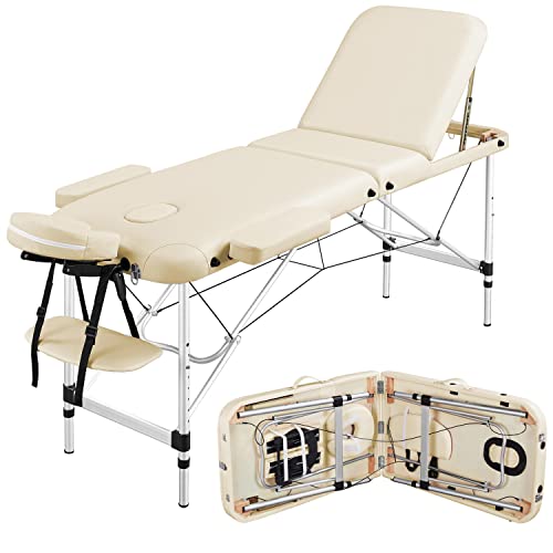 Yaheetech Portable Adjustable Massage Table - Lightweight Aluminum Lash Extension Bed & Tattoo Spa Table with Non-Woven Carrying Bag, Cream Color | Perfect for Salon, Spa, Home Use & Professional Beauty Services
