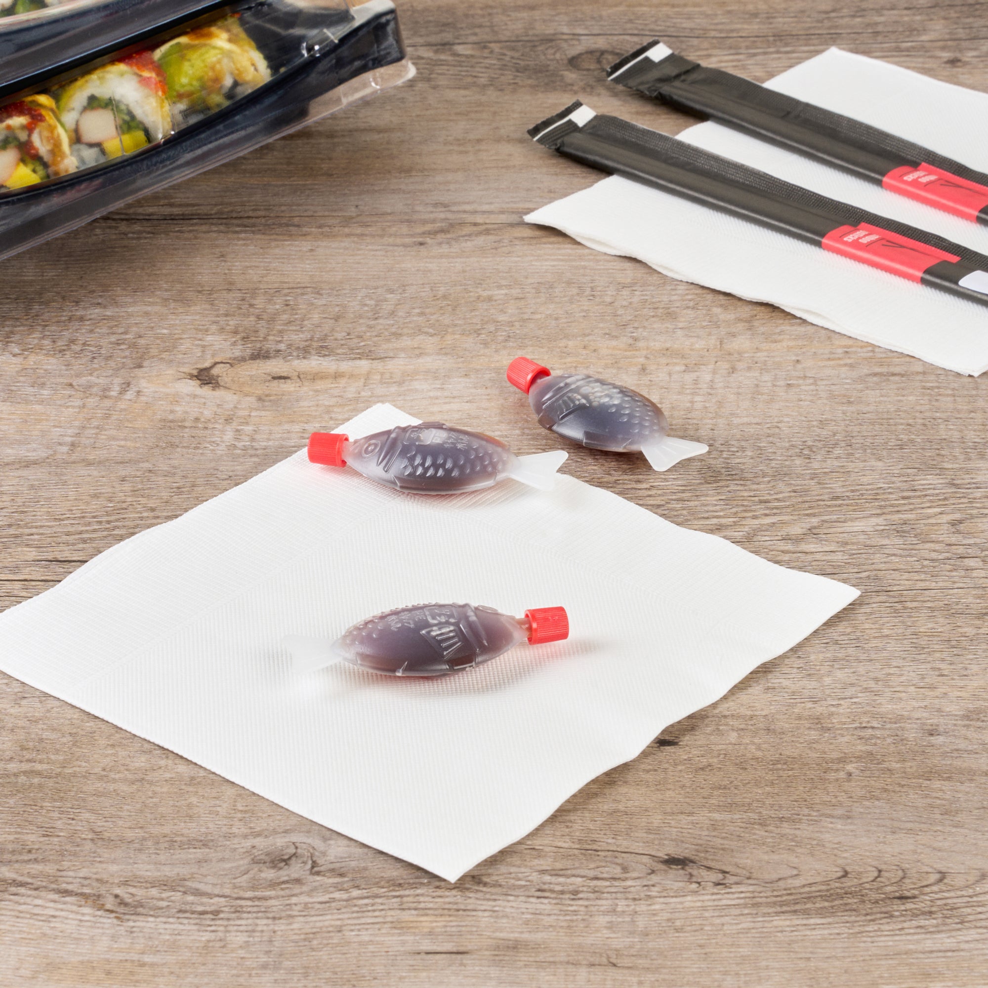 Bento Tek 8mL Clear Plastic Fish Soy Sauce Bottles with Red Cap - 3