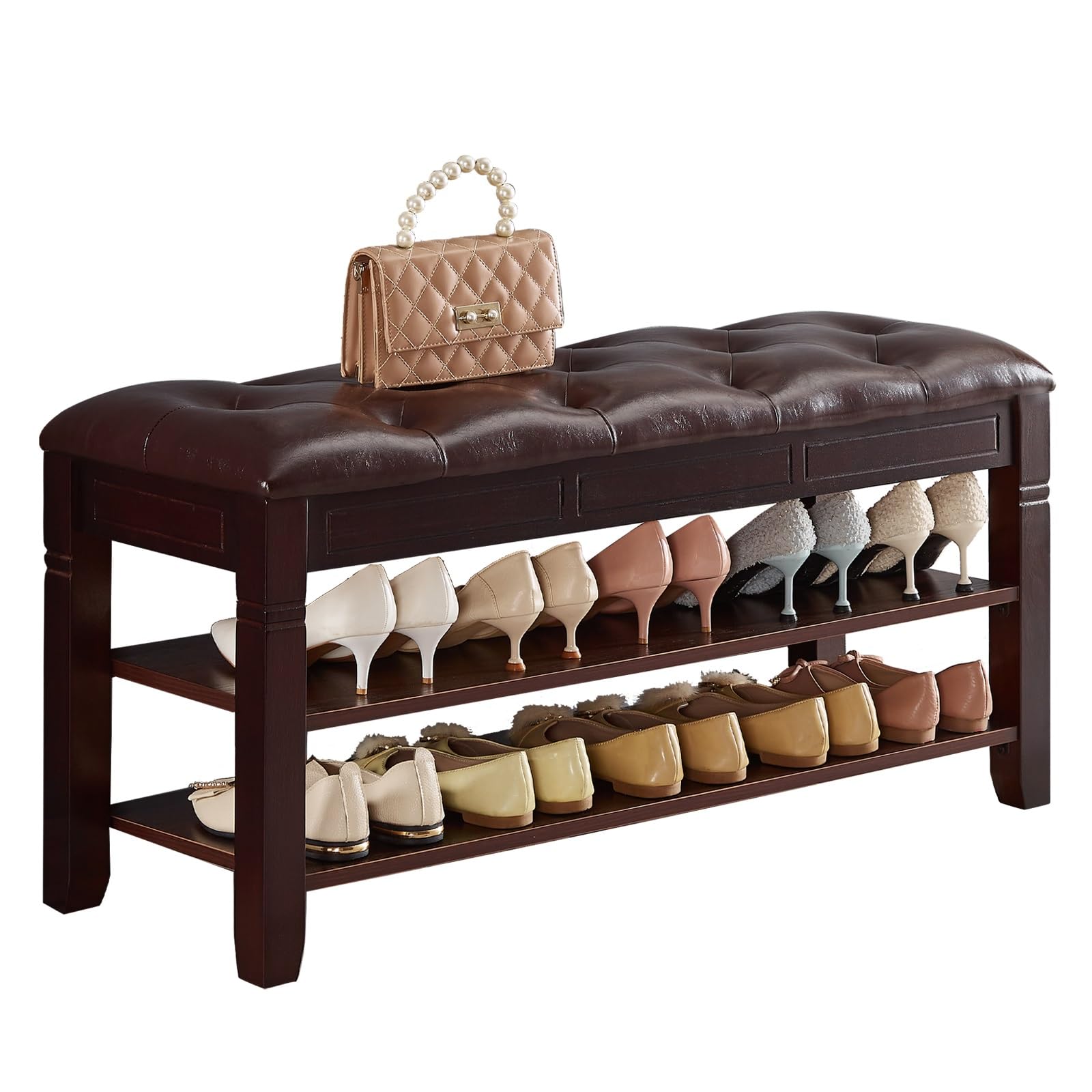 2-Tier Shoe Storage Bench with Lift Top & Fiberleather Seat - Wooden Entryway Shoe Rack Organizer for Hallway, Living Room (Dark Brown, 39.4