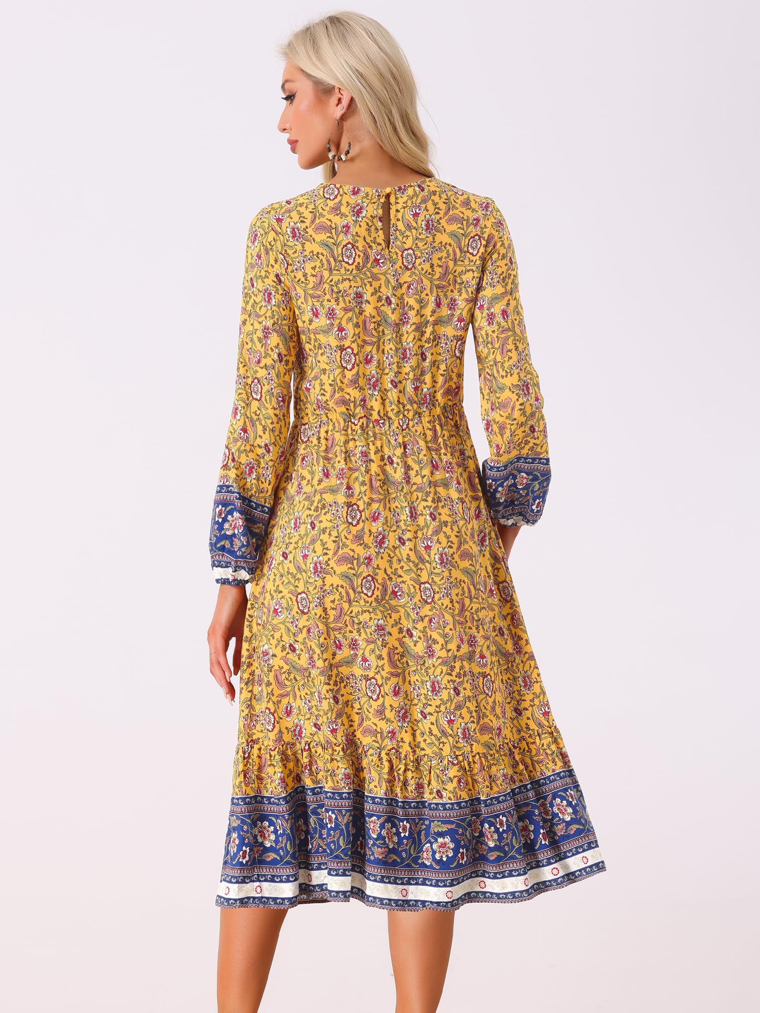 Allegra K Women's Floral Boho Midi Dress with Elastic Waist - Long Sleeve Flowy Spring Dress 2024 | Perfect for Casual Outings, Beach Vacations & Boho Chic Style