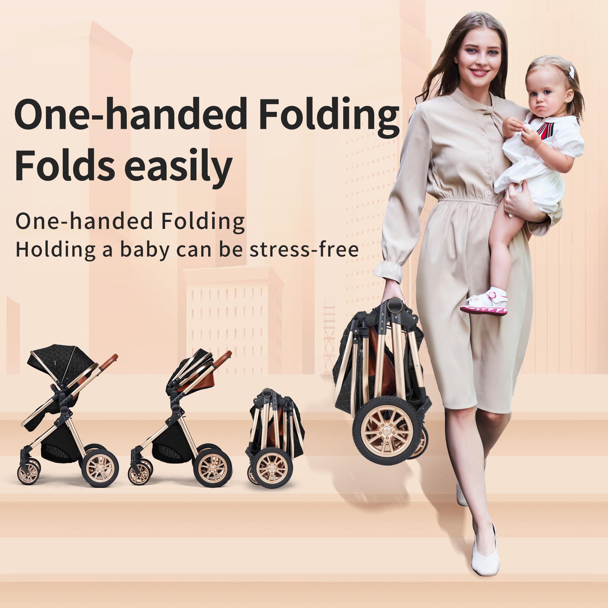 3 in 1 Baby Travel System - Lightweight Foldable Stroller with Reversible Seat & Reclining Function for Newborn to Toddler (Black) | Perfect for Shopping, Travel & Daily Walks