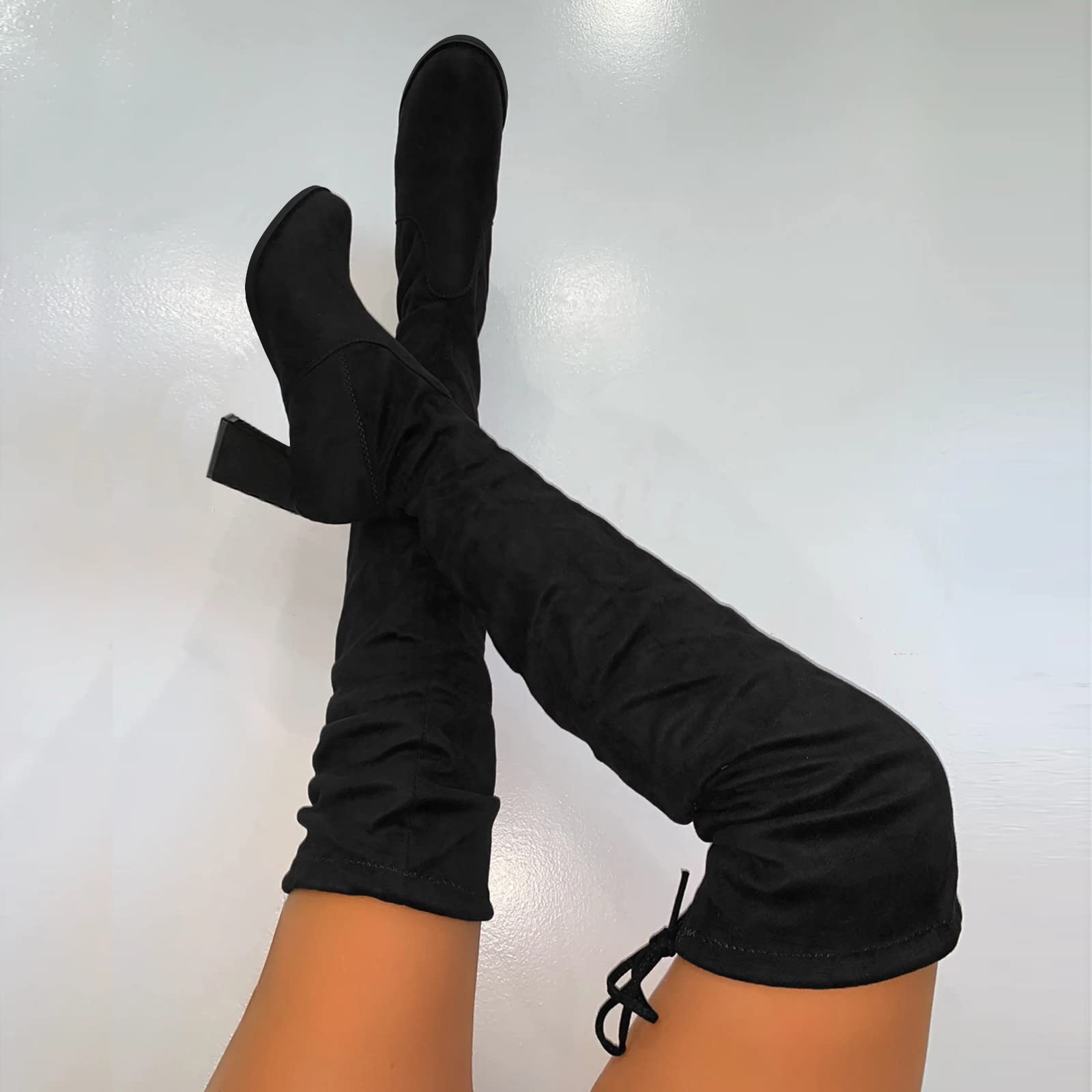 Yanzhenglip Women's Over The Knee Boots - Wide Calf Plus Size Knee High Heel Boots, Black Sexy Thigh High Boots with Chunky Heel for Winter & Summer Fashion | Perfect for Party, Date Night & Office Wear