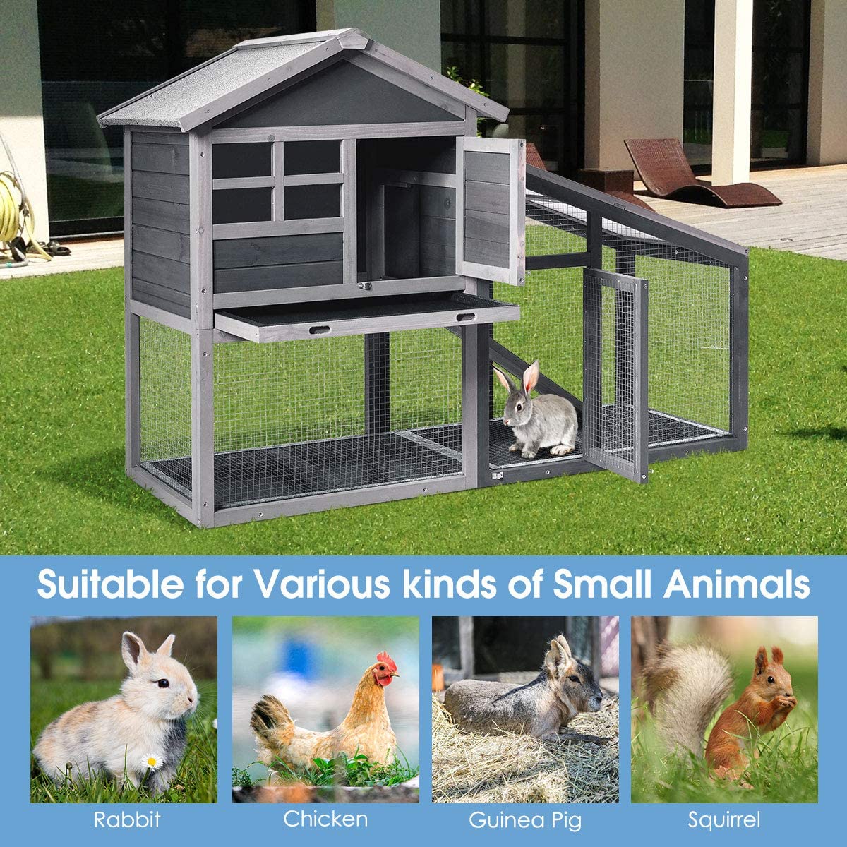 Tangkula Rabbit Hutch Indoor Outdoor - Wooden Chicken Coop Bunny Cage with Run, Ventilation Door & Removable Tray - Perfect for Backyard, Garden, or Patio Use - Great for Rabbits, Chickens & Small Pets (Gray)