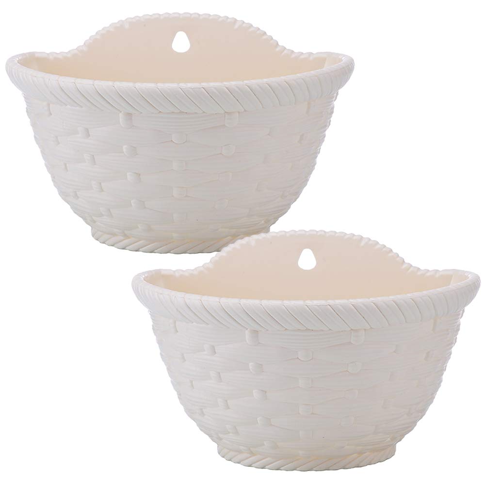 2-Pack Simulated Rattan Woven Hanging Flower Baskets - Plastic Bonsai Plant Pots for Indoor/Outdoor Gardening - Beige Large (Perfect for Patio, Balcony & Home Decor)