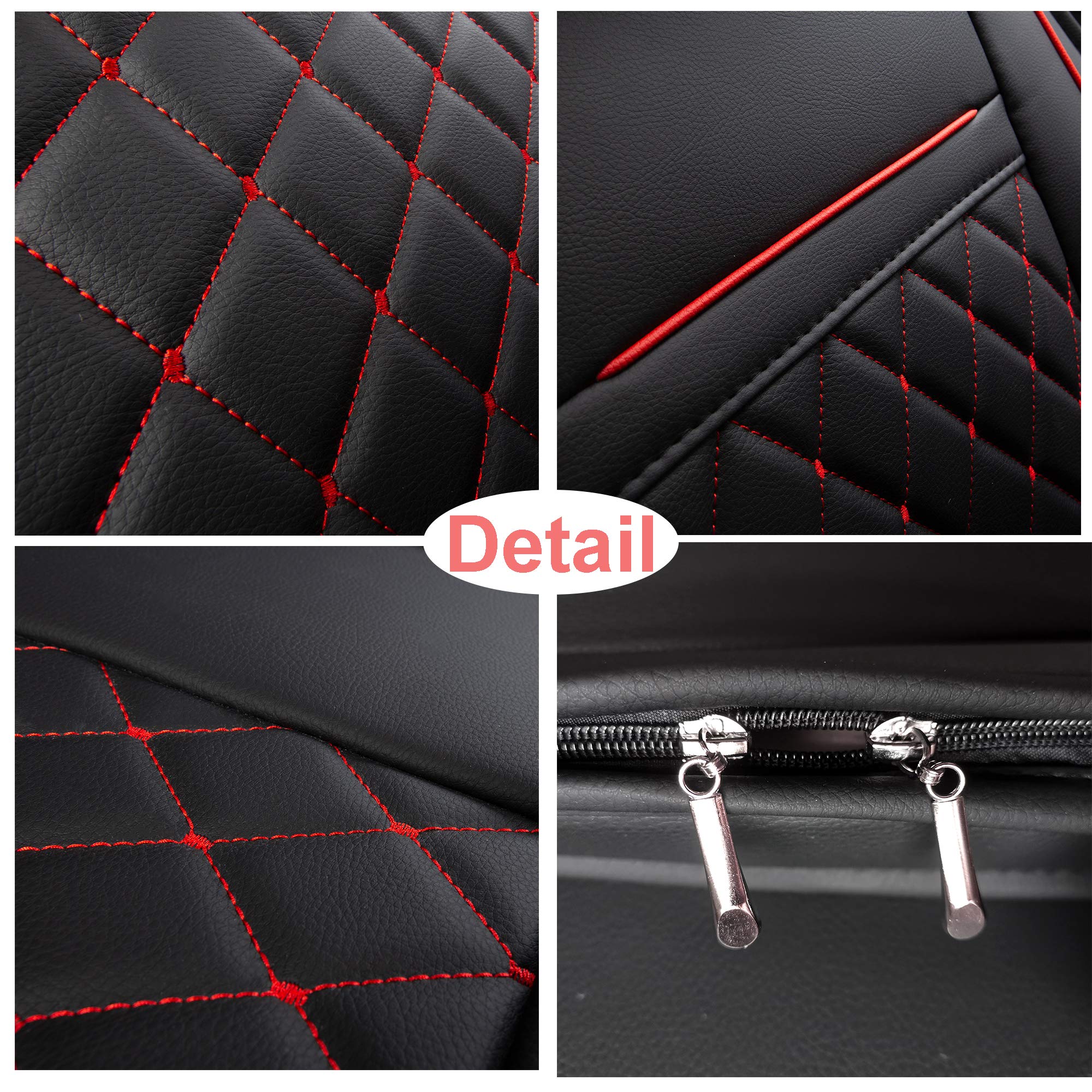 Easy to Clean Synthetic Leather Car Seat Cushions - Universal Fit Car Seat Cover for Toyota Corolla, Chevy Cruze, Subaru Legacy, Chevy Malibu, Nissan Maxima, Toyota Tacoma (Black with Red Stitching, Full Set) | Waterproof & Comfortable for Daily Commute, Road Trips & Long Drives