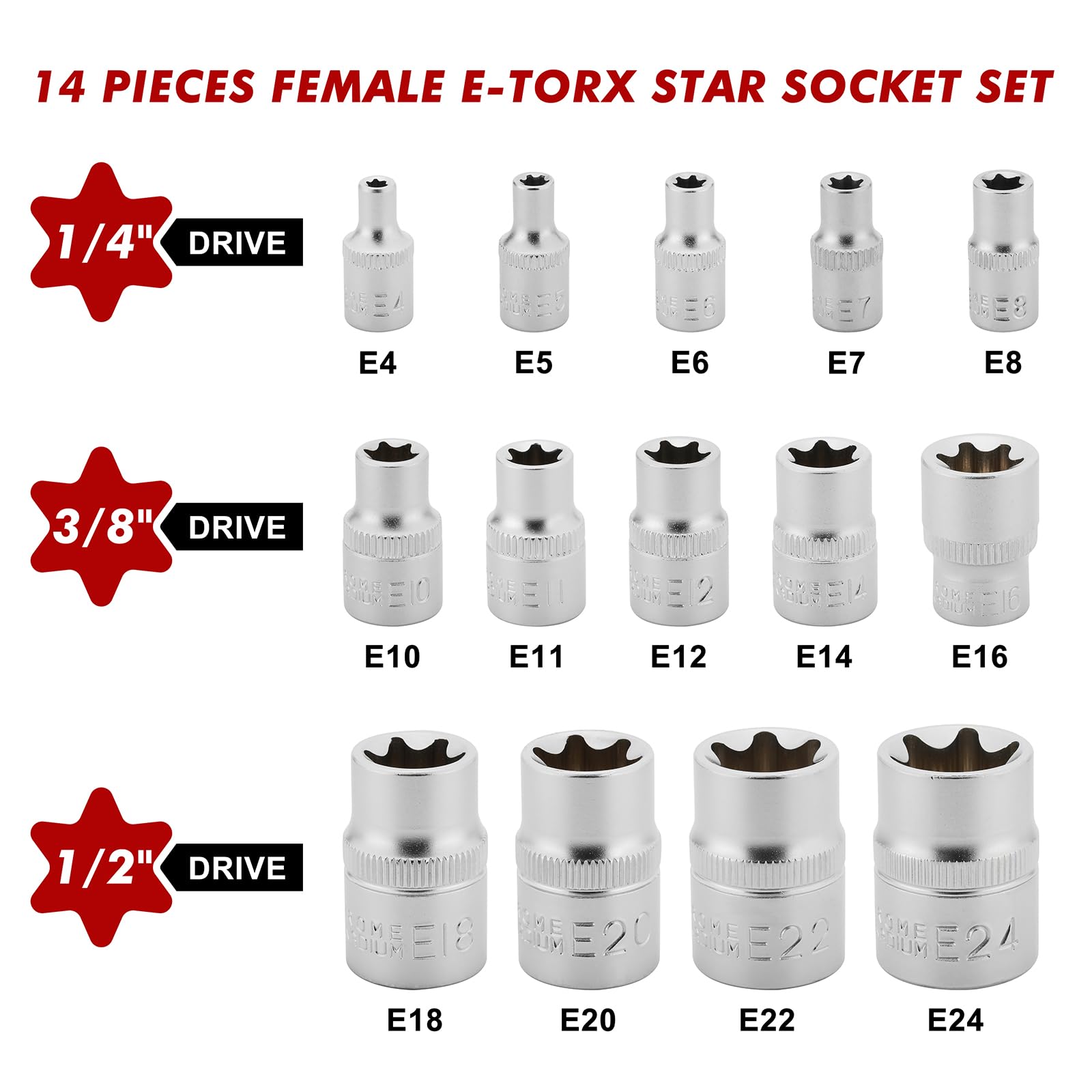 CASOMAN 14-Piece Female E-TORX Star Socket Set - E4 to E24 Torque Sockets with 1/4