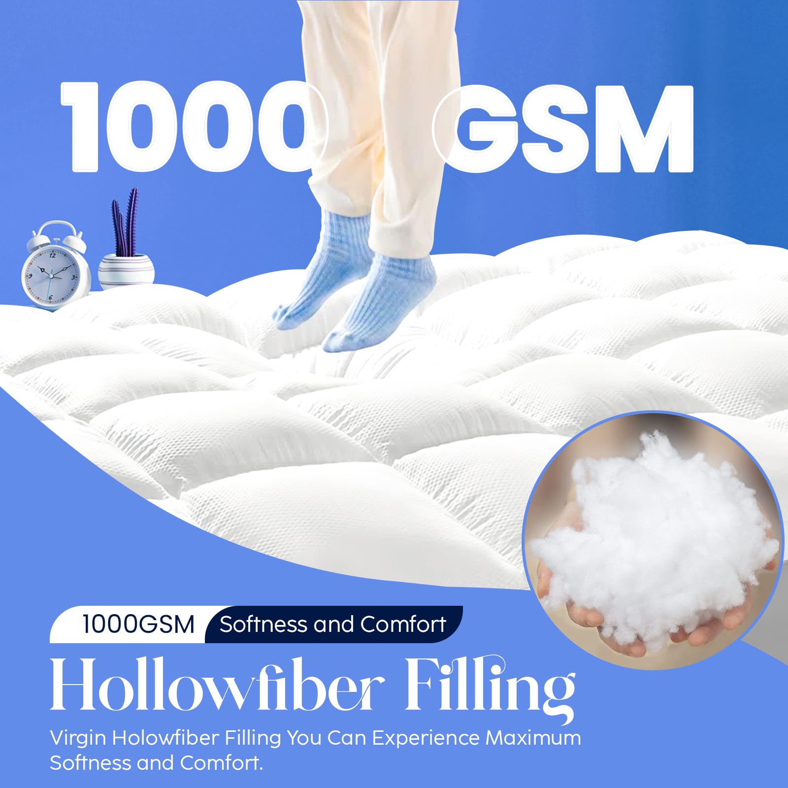Premium 10CM Extra Thick Double Mattress Topper - 1000GSM Hypoallergenic Fiber Filling with Elastic Straps & Deep Pocket - Queen/King Size Bed Topper for Ultimate Comfort - Perfect for Guest Beds, Dorm Rooms & Home Use