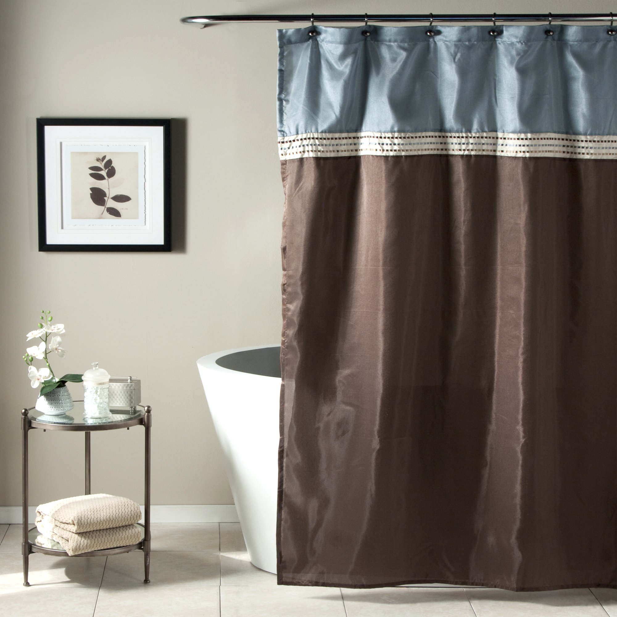 Lush Decor Terra Color Block Shower Curtain - 72x72 Inch Striped Fabric Bathroom Decor in Blue & Chocolate | Waterproof & Mold Resistant for Modern Bathrooms