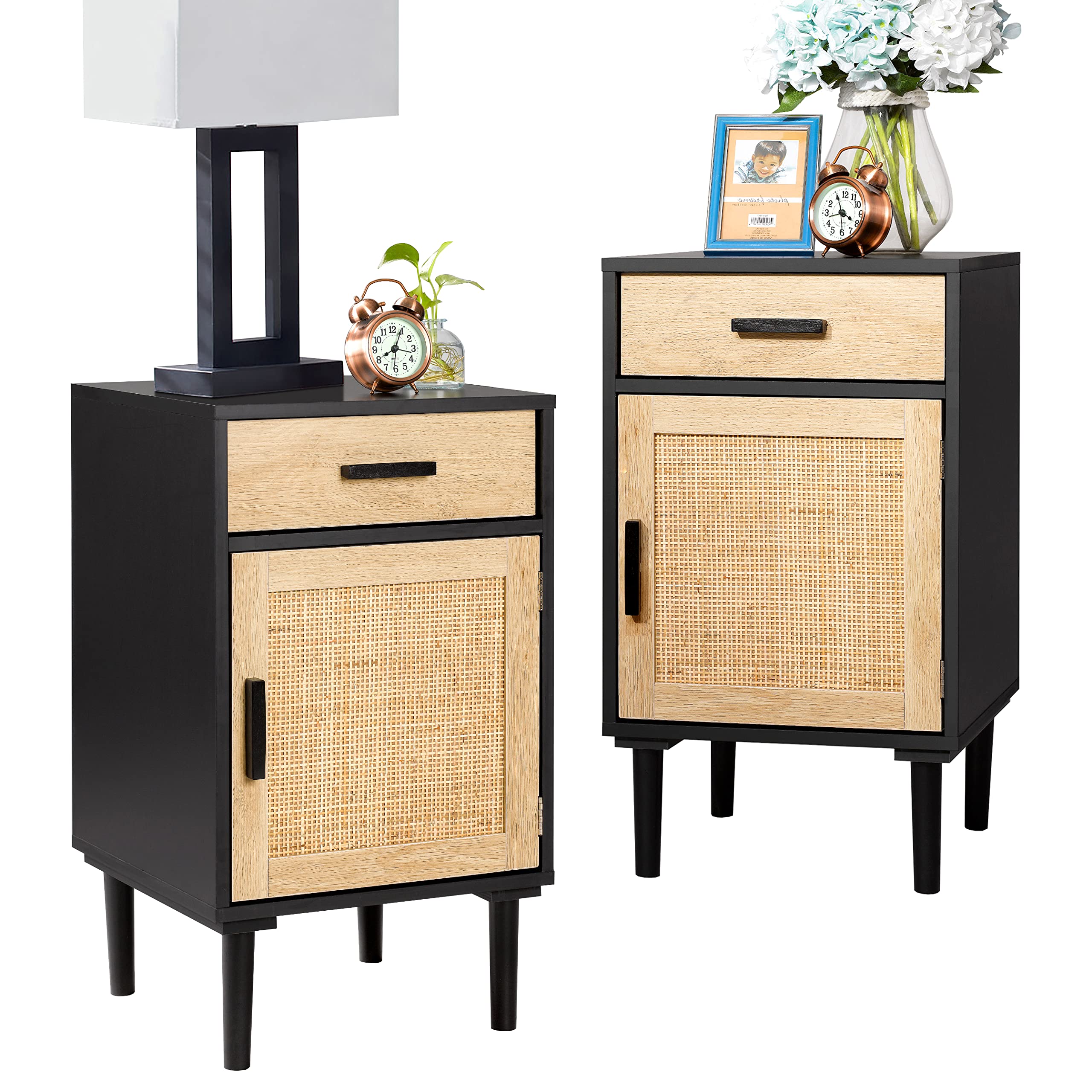 Finnhomy 2-Pack Tall Nightstands with Drawer & Shelf - Handmade Rattan Decorated Doors, Bedside Storage Tables for Bedroom - Black - Perfect for Small Spaces, Guest Rooms & Apartment Living