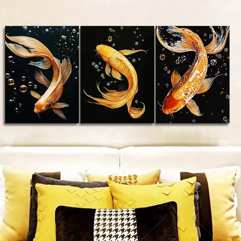 3Pcs Yellow Koi Fish Wall Art Set - Black Background Framed Canvas Paintings 40x60cm - High Quality Print 100% Australian Made - Ready to Hang Home Office Decor for Living Room, Bedroom & Office