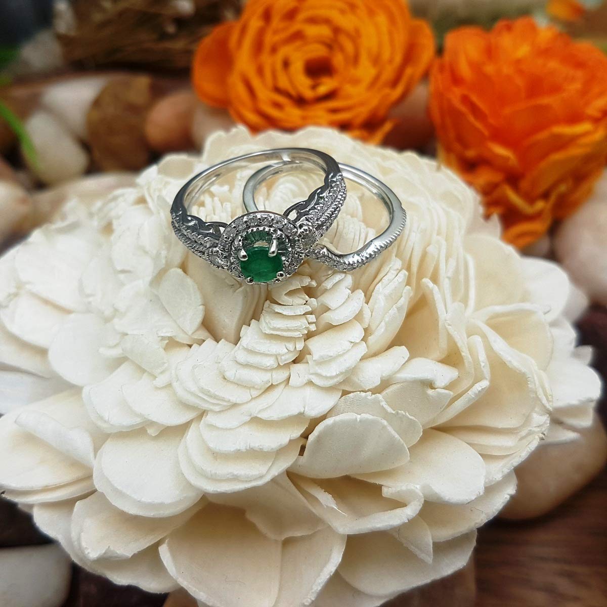 Dazzlingrock Collection 14K Solid White Gold Round Emerald & White Diamond Halo Bridal Engagement Ring Set for Women | Perfect for Proposals, Weddings & Anniversary Gifts
