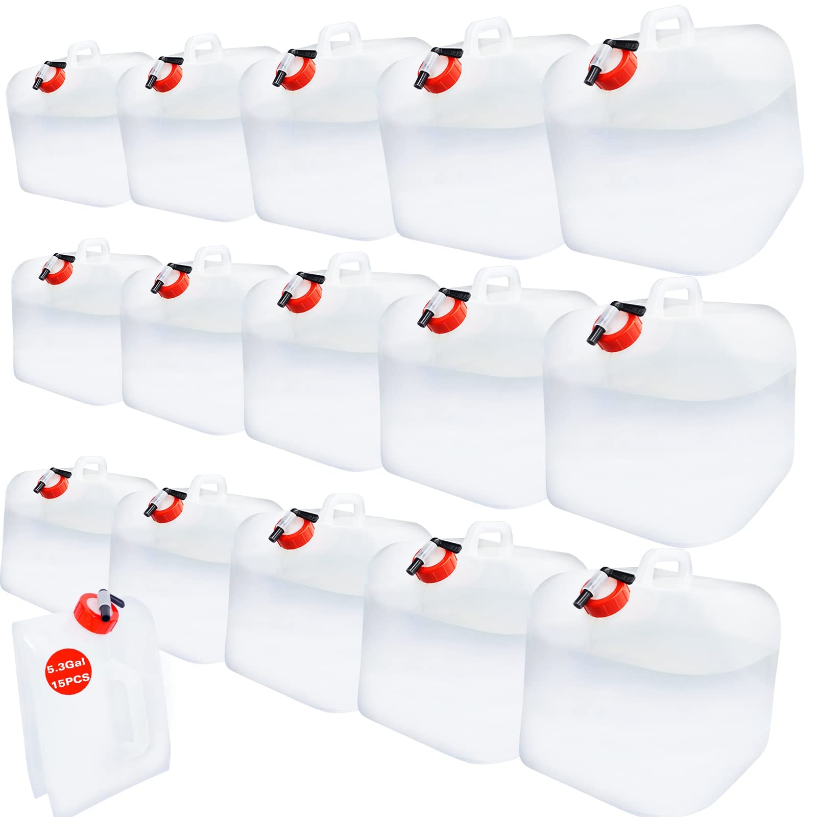 80 Gallons (15 Pcs, 5.3 Gallons Each) Collapsible Water Storage Containers - BPA Free Emergency Water Jugs with Spigot for Camping, Fishing, Hiking & Outdoor Survival Preparedness