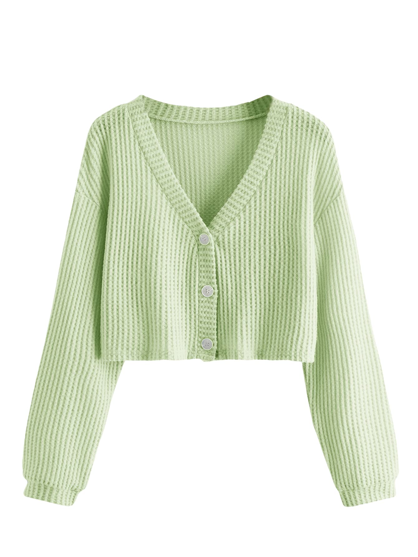 Romwe Women's Plus Size Waffle Knit Long Sleeve Button Down V-Neck Crop Top T-Shirt | Casual Fall Outfit, Layering Essential, Streetwear Fashion