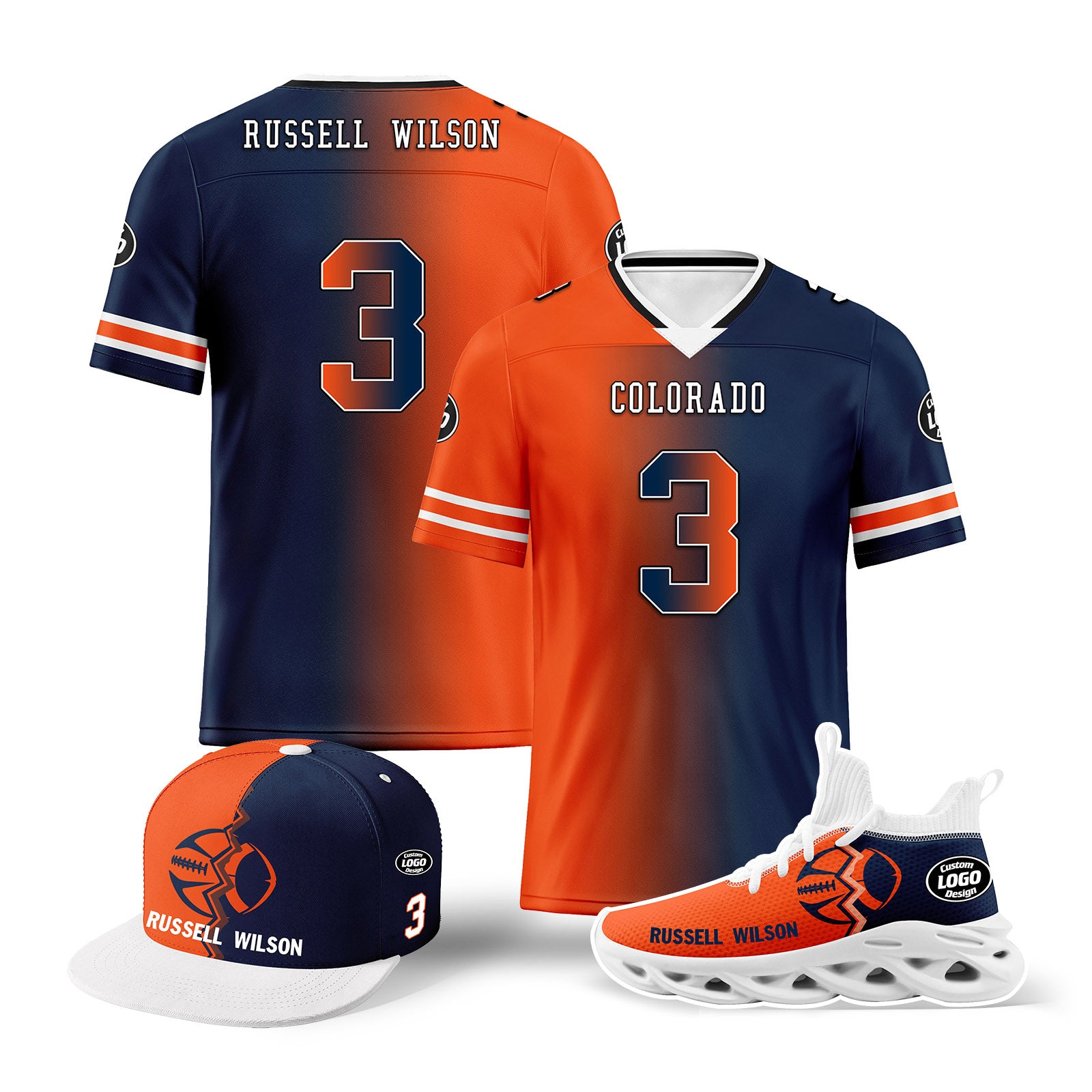 Custom Blue & Orange Colorado Football Jersey with MaxSoul Shoes & Hat Combo - Personalized NFL Fan Gear for Game Day & Tailgating - D028018-21