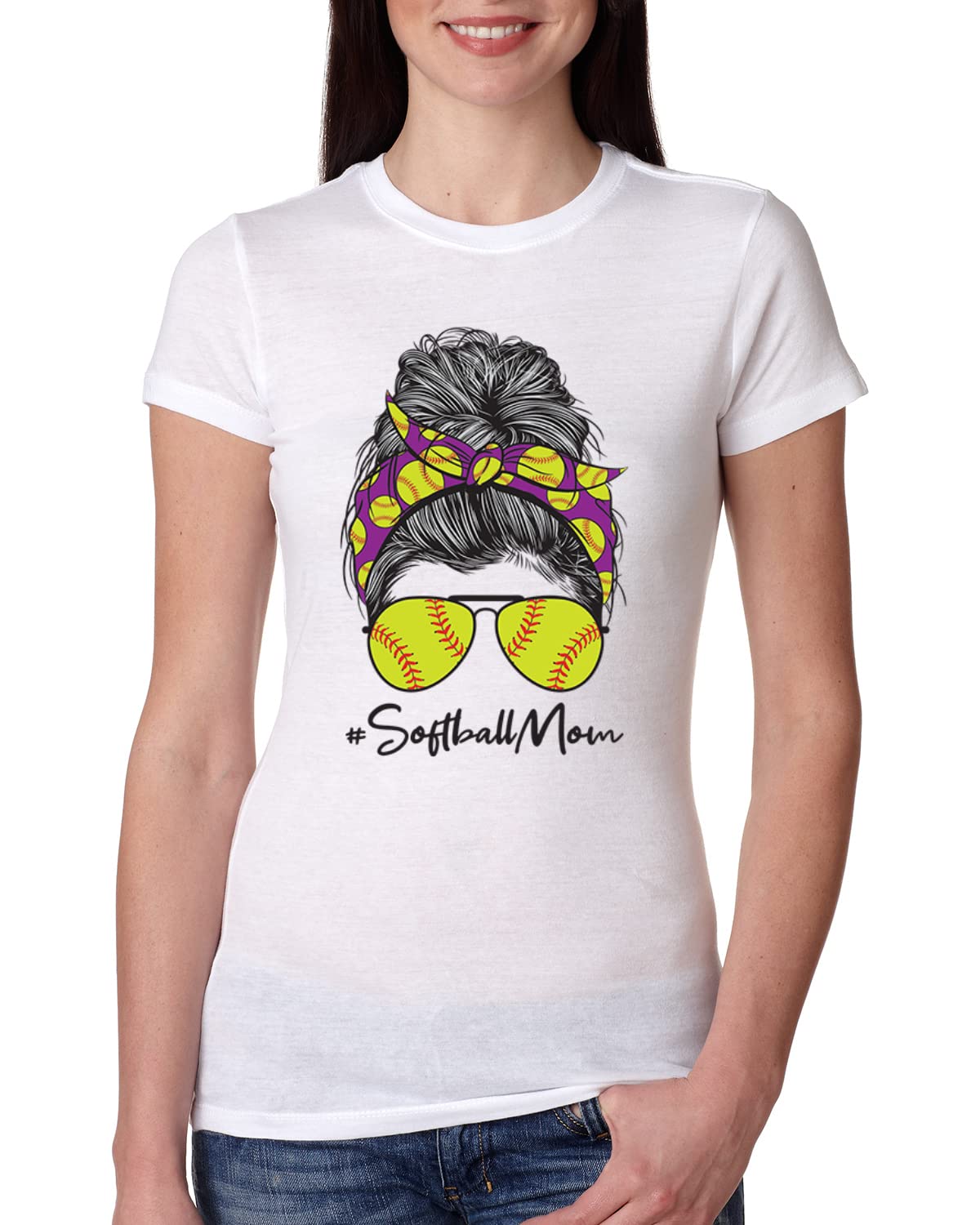 Messy Bun Softball Mom T-Shirt - Slim Fit Women's Junior Tee for Game Day & Sports Lovers - Perfect for Mother's Day Gifts & Team Mom Apparel