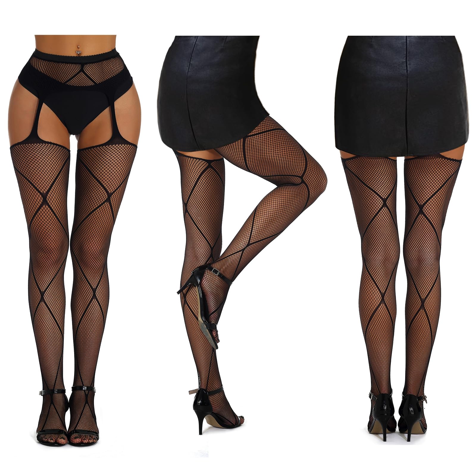 SOUTHRO 5 Pairs Fishnet Thigh High Stockings with Garter Belt Set - Sexy Lingerie Tights for Women & Girls - Perfect for Halloween, Cosplay, Boudoir & Date Night Outfits