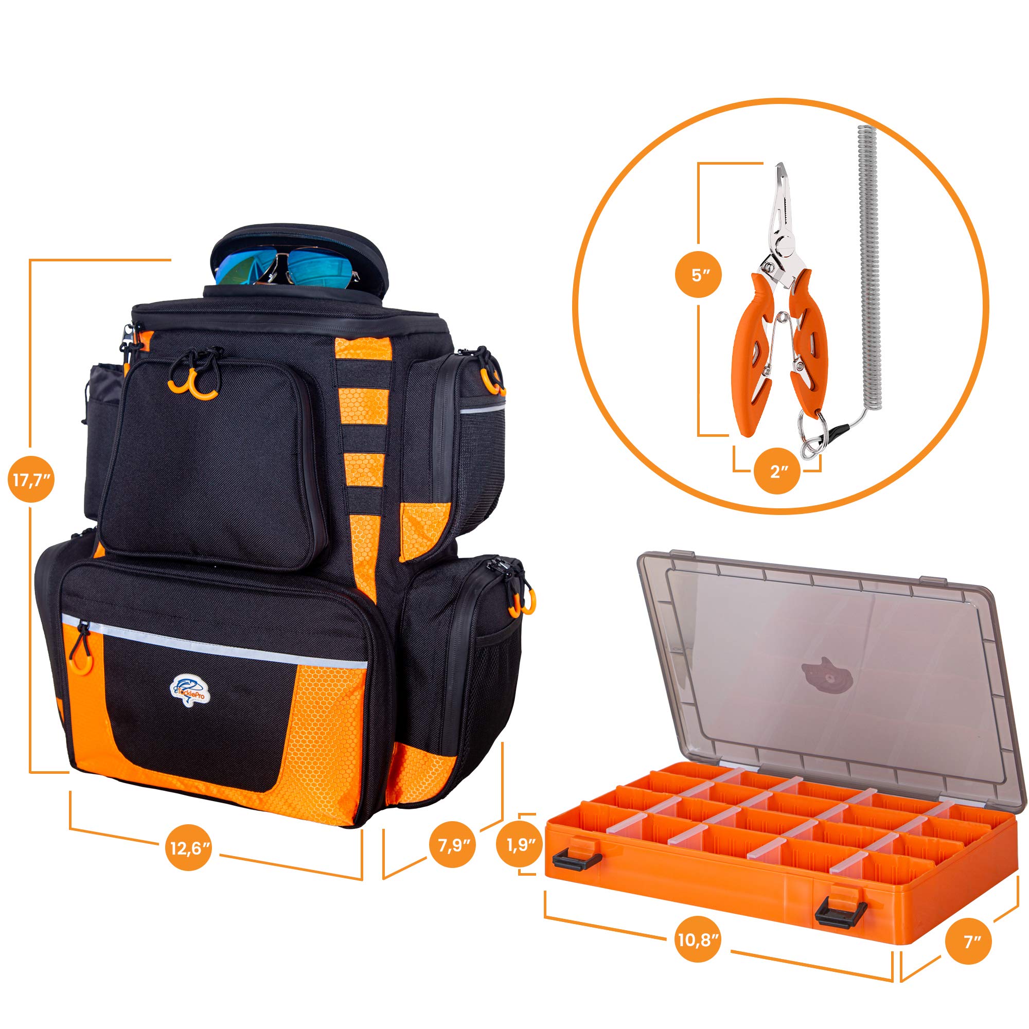 Waterproof Fishing Backpack Tackle Bag with Rain Cover, 4 Tackle Boxes, Stainless Steel Pliers & Lanyard - Black & Orange for Bass, Trout & Saltwater Fishing Adventures